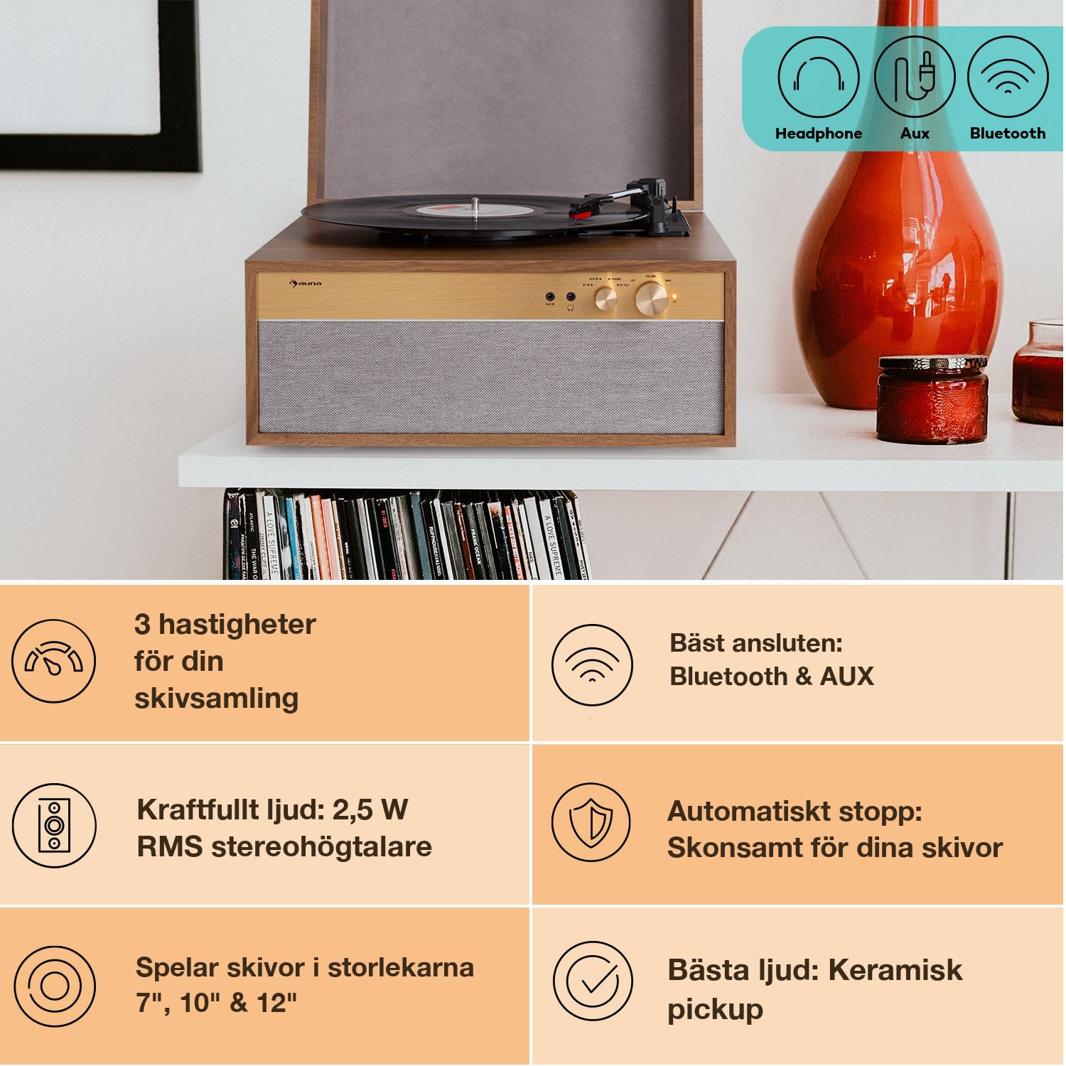 Berklee TT Case Skivspelare remdrift 33 1/3 & 45 varv/min stereohögtalare trä Teak