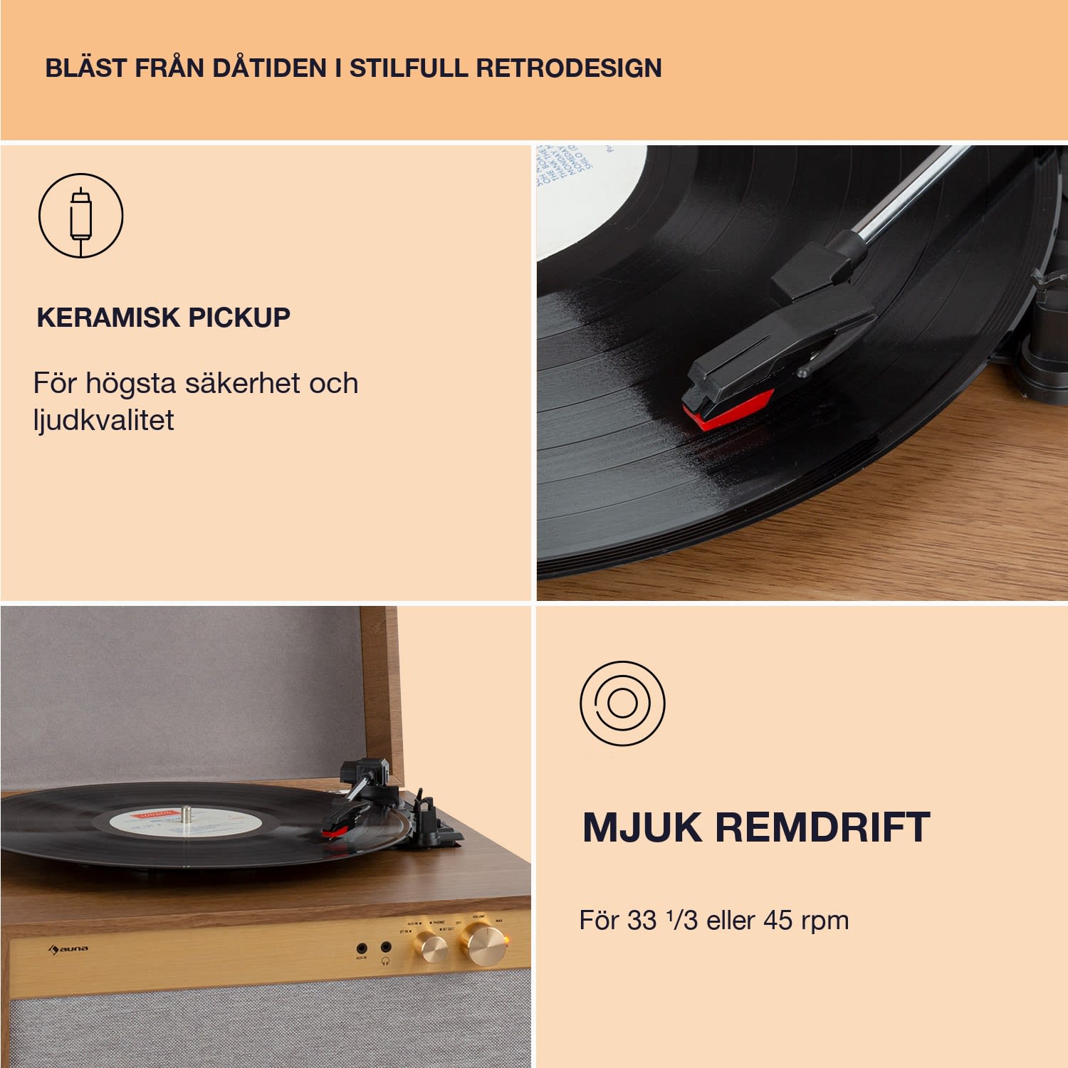 Berklee TT Case Skivspelare remdrift 33 1/3 & 45 varv/min stereohögtalare trä Teak