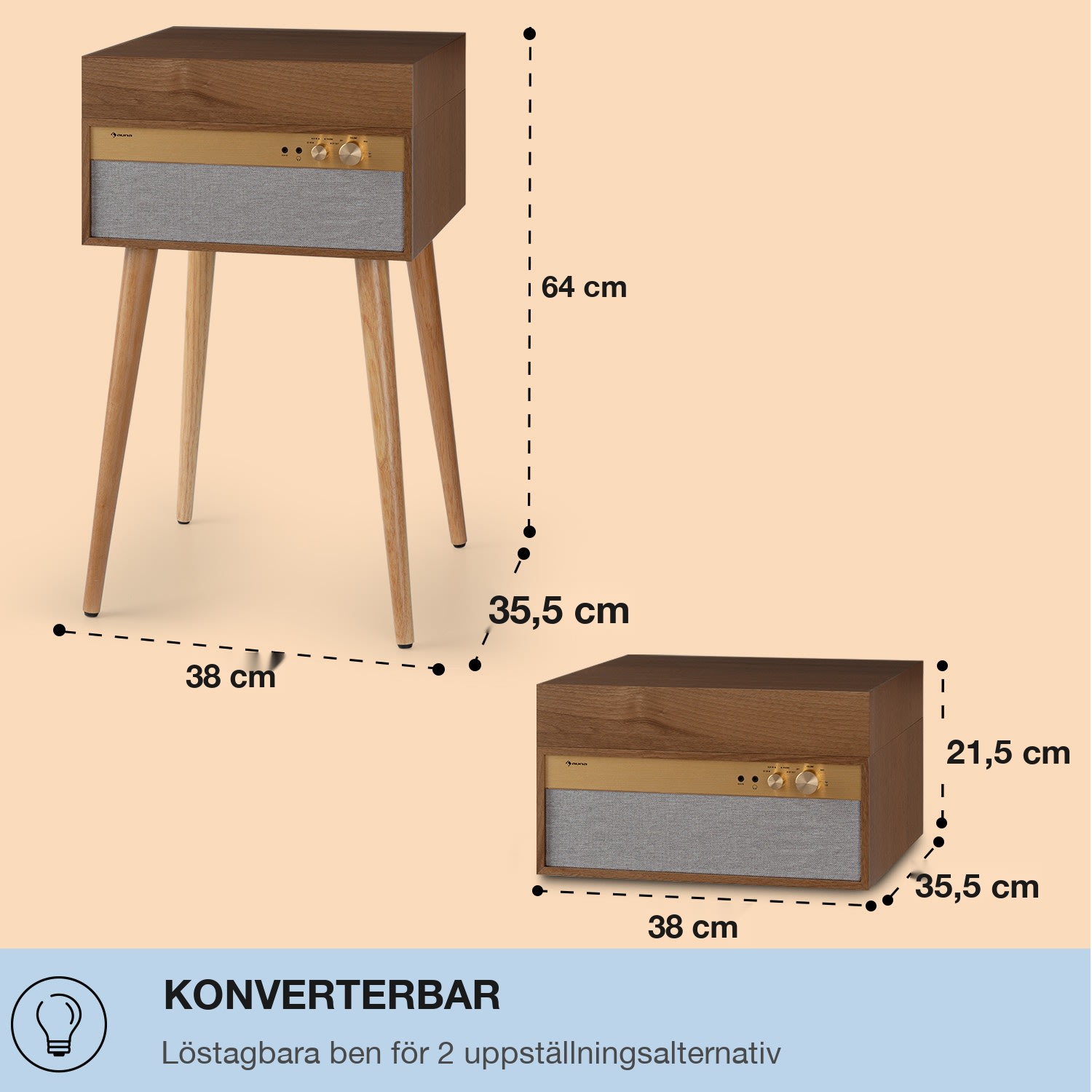 Berklee TT Case Skivspelare remdrift 33 1/3 & 45 varv/min stereohögtalare trä Teak