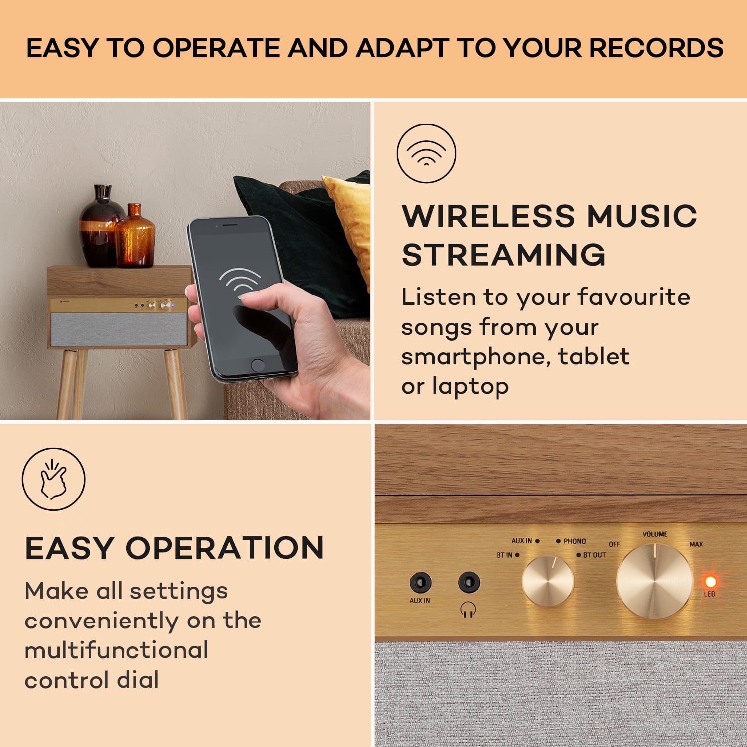 Berklee TT Case, lemezjátszó, szíjhajtás, 33 1/3 és 45 fordulat/perc, sztereó hangszórók, fa Teak