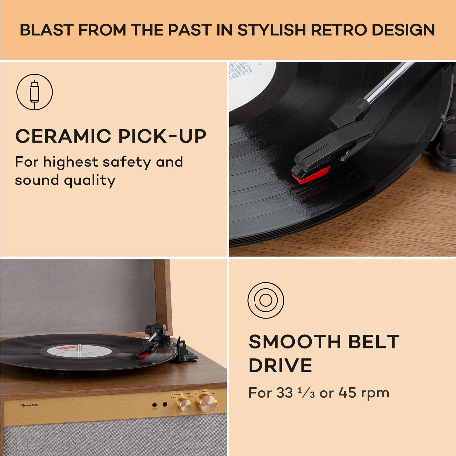 Berklee TT Case, lemezjátszó, szíjhajtás, 33 1/3 és 45 fordulat/perc, sztereó hangszórók, fa Teak