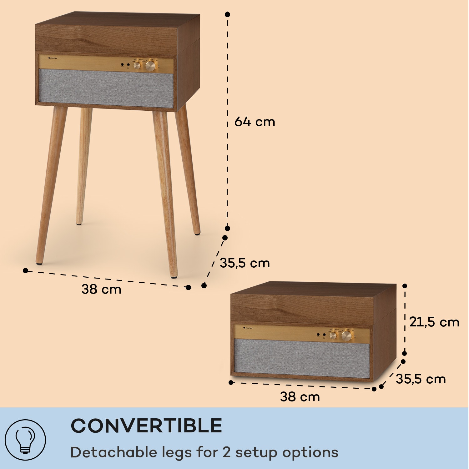 Berklee TT Case, lemezjátszó, szíjhajtás, 33 1/3 és 45 fordulat/perc, sztereó hangszórók, fa Teak