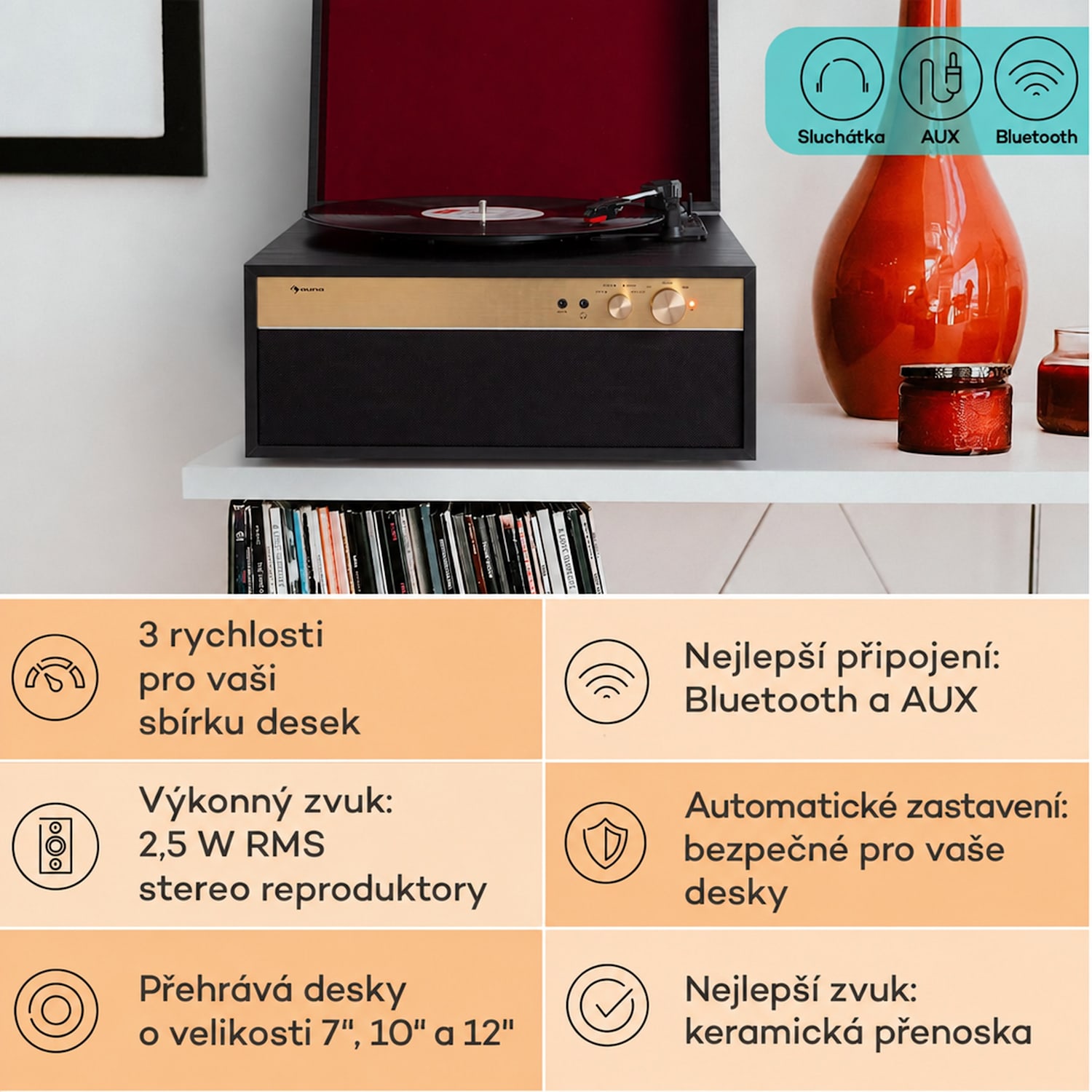 Berklee TT Case, gramofonový přehrávač, řemenový pohon, 33 1/3, 45 a 78 otáček/minutu, stereo reproduktory Černé dřevo