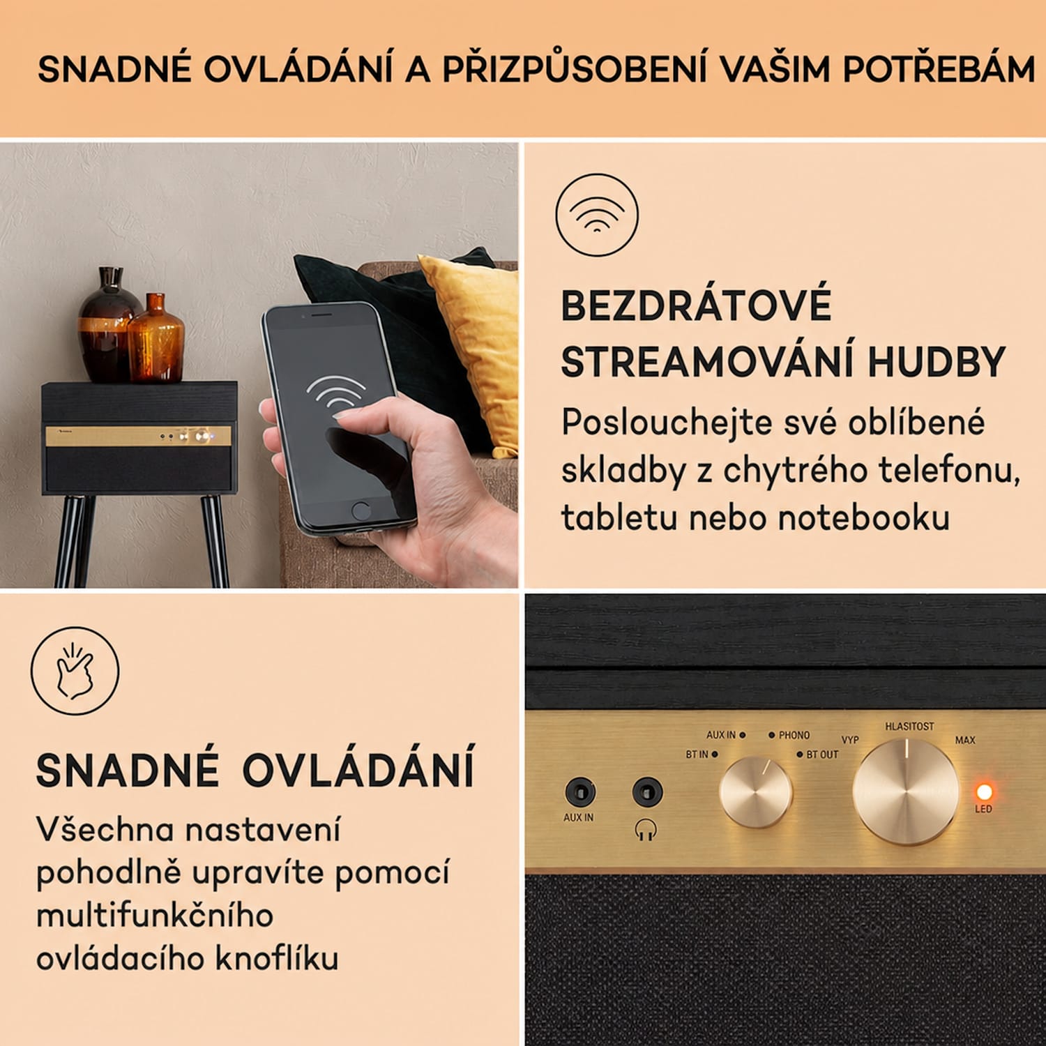 Berklee TT Case, gramofonový přehrávač, řemenový pohon, 33 1/3, 45 a 78 otáček/minutu, stereo reproduktory Černé dřevo