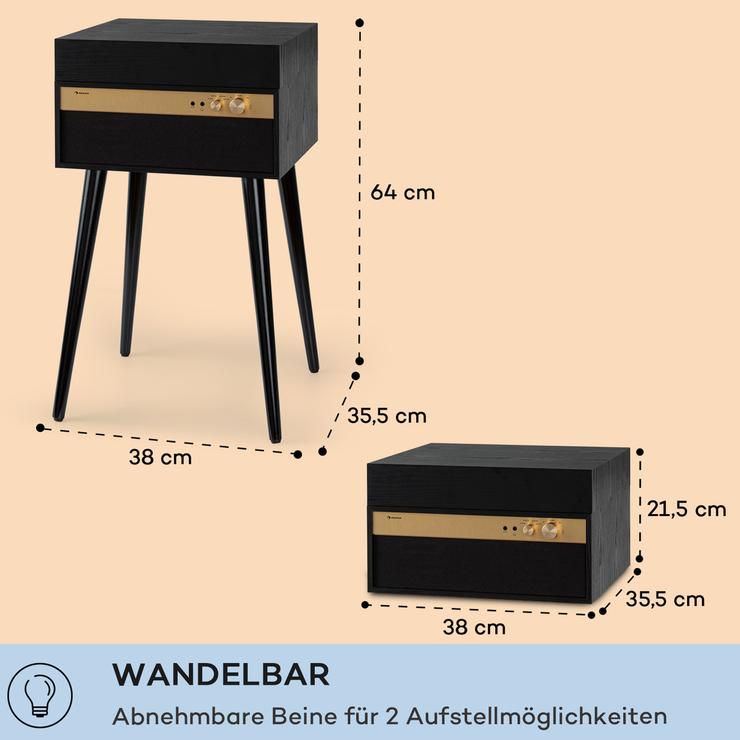 Berklee TT Case - Giradischi, trazione a cinghia, 33 1/3 & 45 giri/minuto, diffusori stereo, legno Legno nero