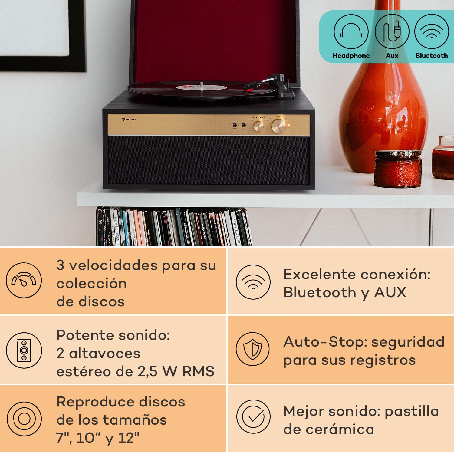 Berklee TT Case Tocadiscos Transmisión por correa 33 1/3 & 45 rpm Altavoz estéreo de madera Madera Negra