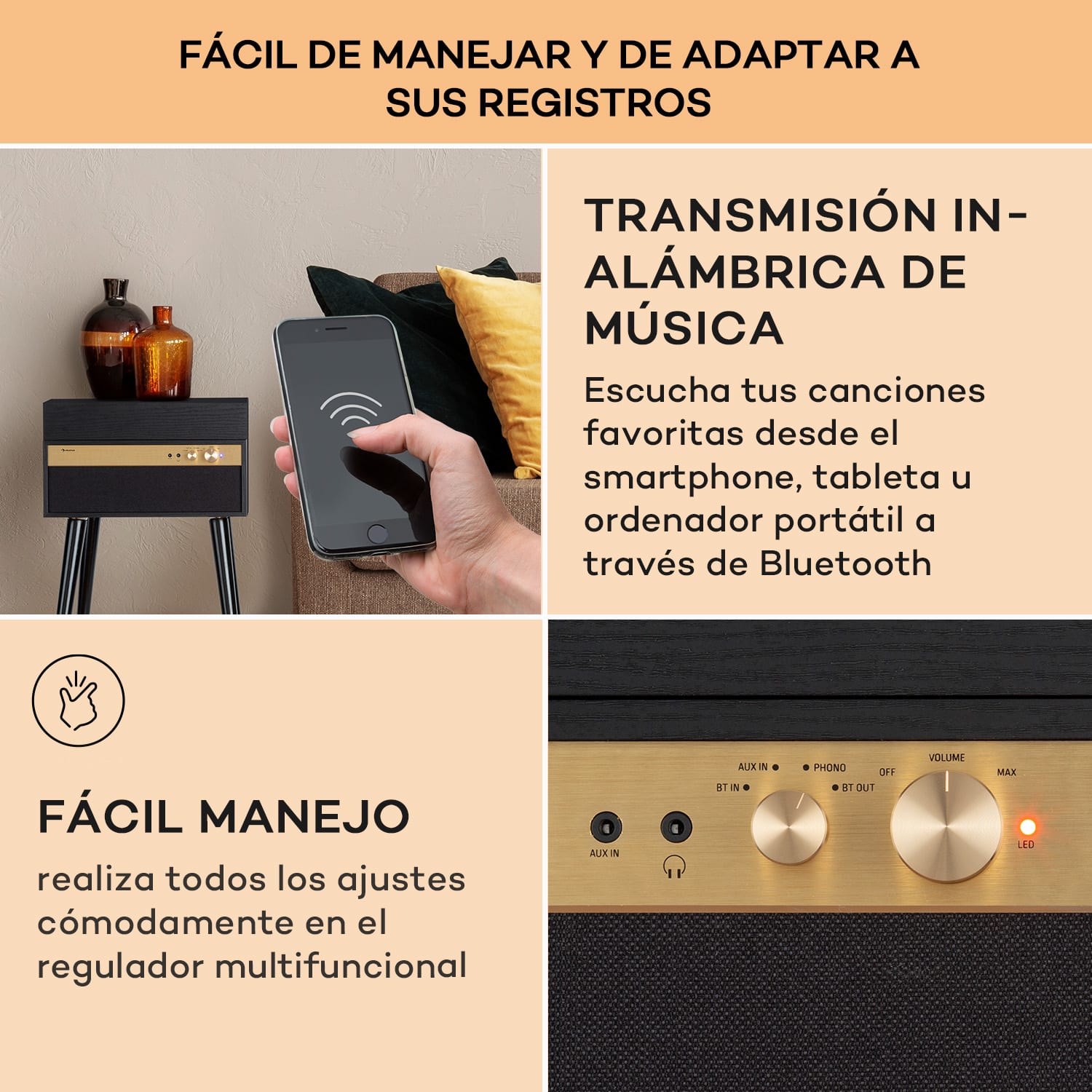 Berklee TT Case Tocadiscos Transmisión por correa 33 1/3 & 45 rpm Altavoz estéreo de madera Madera Negra