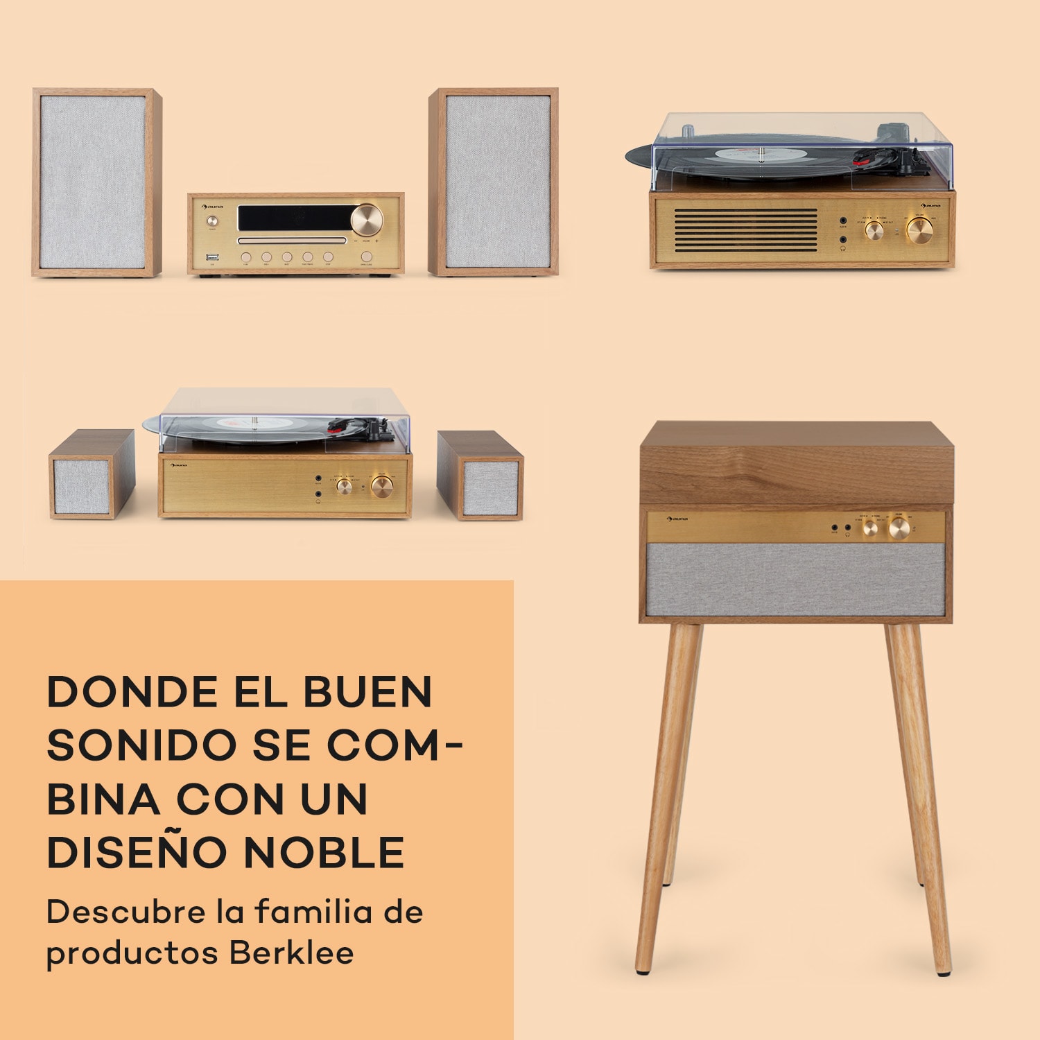 Berklee TT Case Tocadiscos Transmisión por correa 33 1/3 & 45 rpm Altavoz estéreo de madera Madera Negra