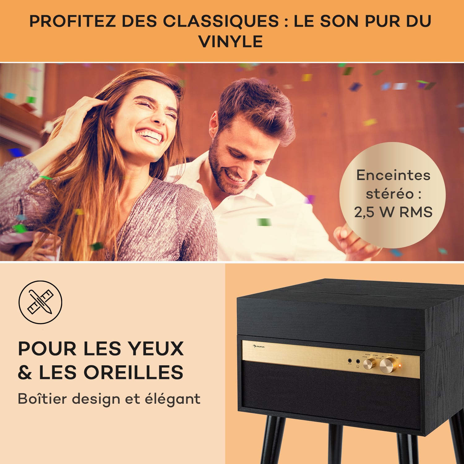 Platine vinyle Berklee TT Case entraînement par courroie 33 1/3 & 45 T/min enceintes stéréo bois Bois Noir