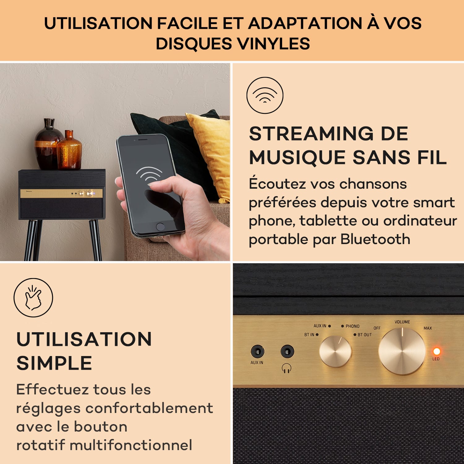 Platine vinyle Berklee TT Case entraînement par courroie 33 1/3 & 45 T/min enceintes stéréo bois Bois Noir