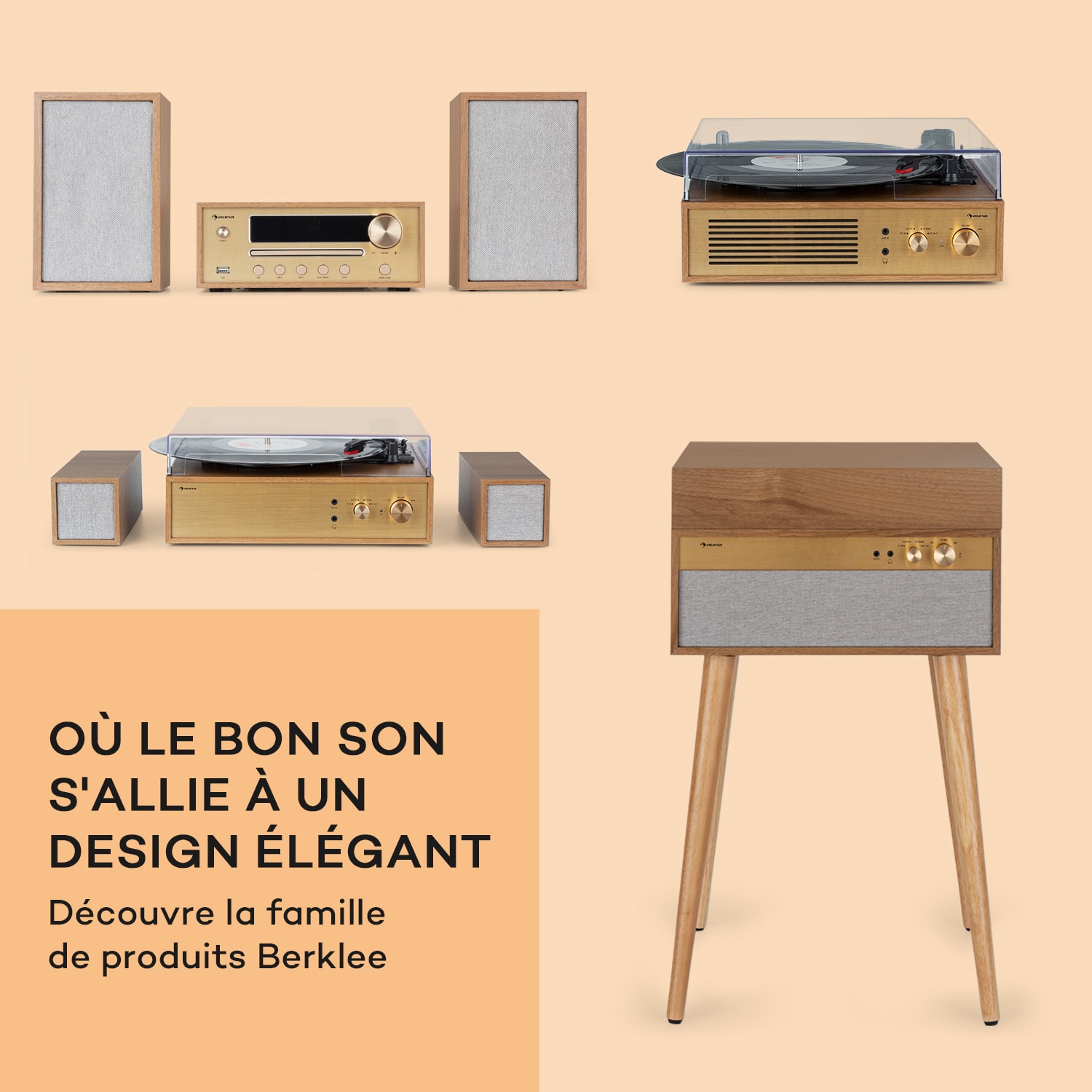 Platine vinyle Berklee TT Case entraînement par courroie 33 1/3 & 45 T/min enceintes stéréo bois Bois Noir