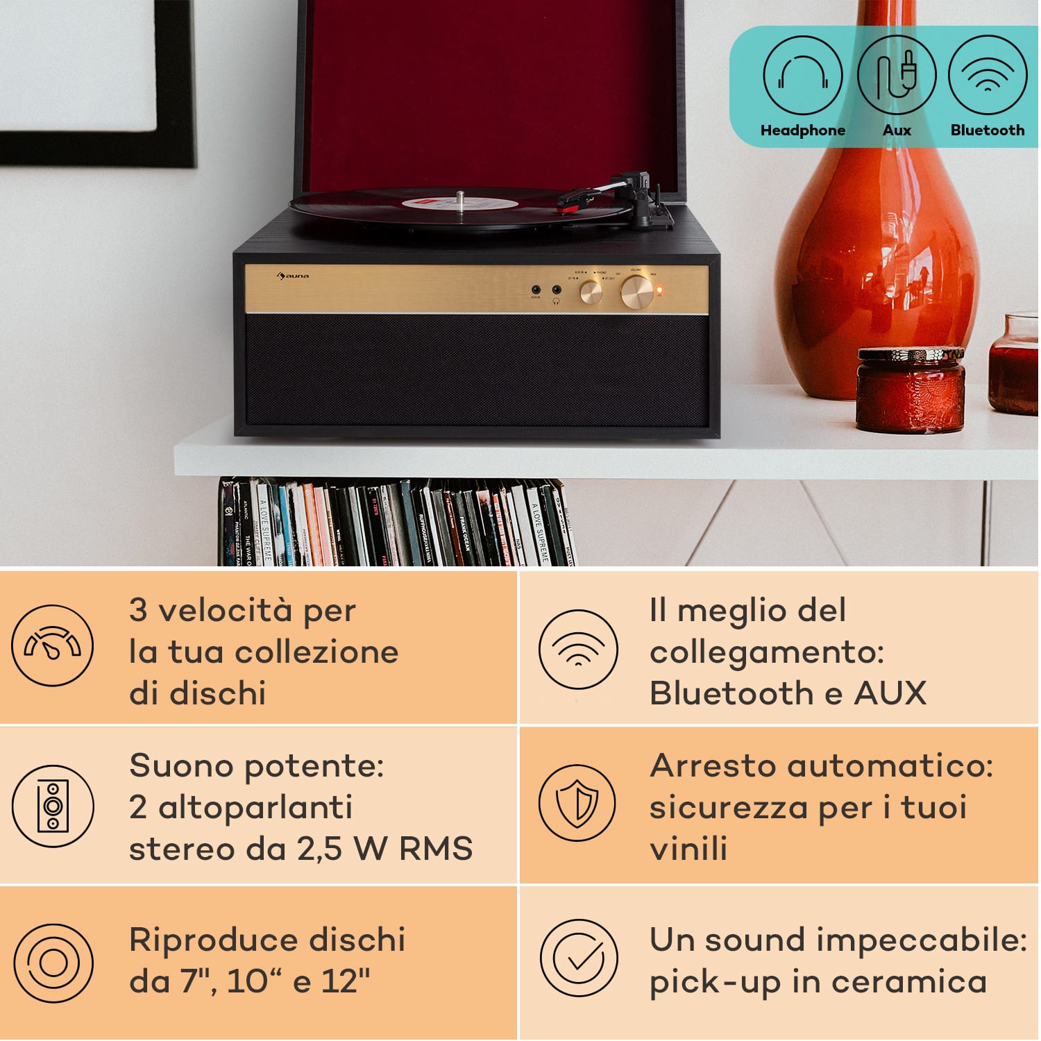 Berklee TT Case - Giradischi, trazione a cinghia, 33 1/3 & 45 giri/minuto, diffusori stereo, legno Legno nero