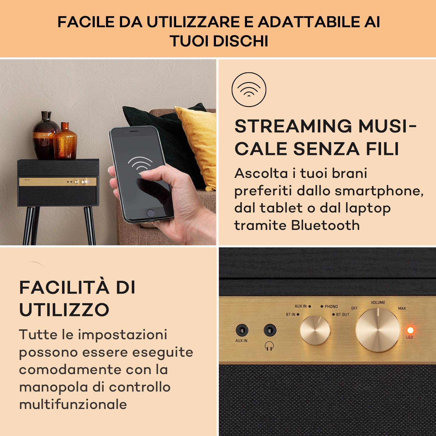 Berklee TT Case - Giradischi, trazione a cinghia, 33 1/3 & 45 giri/minuto, diffusori stereo, legno Legno nero