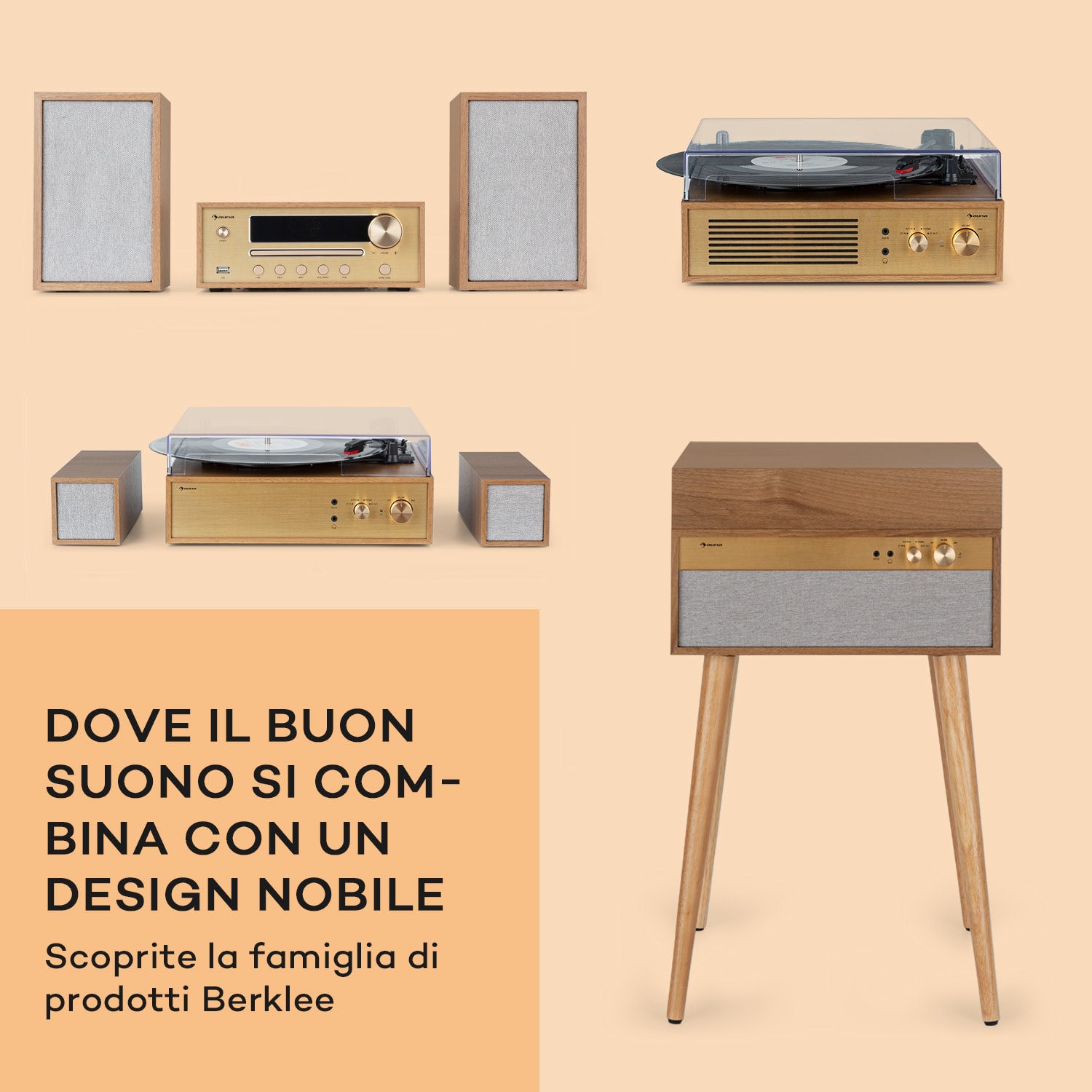 Berklee TT Case - Giradischi, trazione a cinghia, 33 1/3 & 45 giri/minuto, diffusori stereo, legno Legno nero