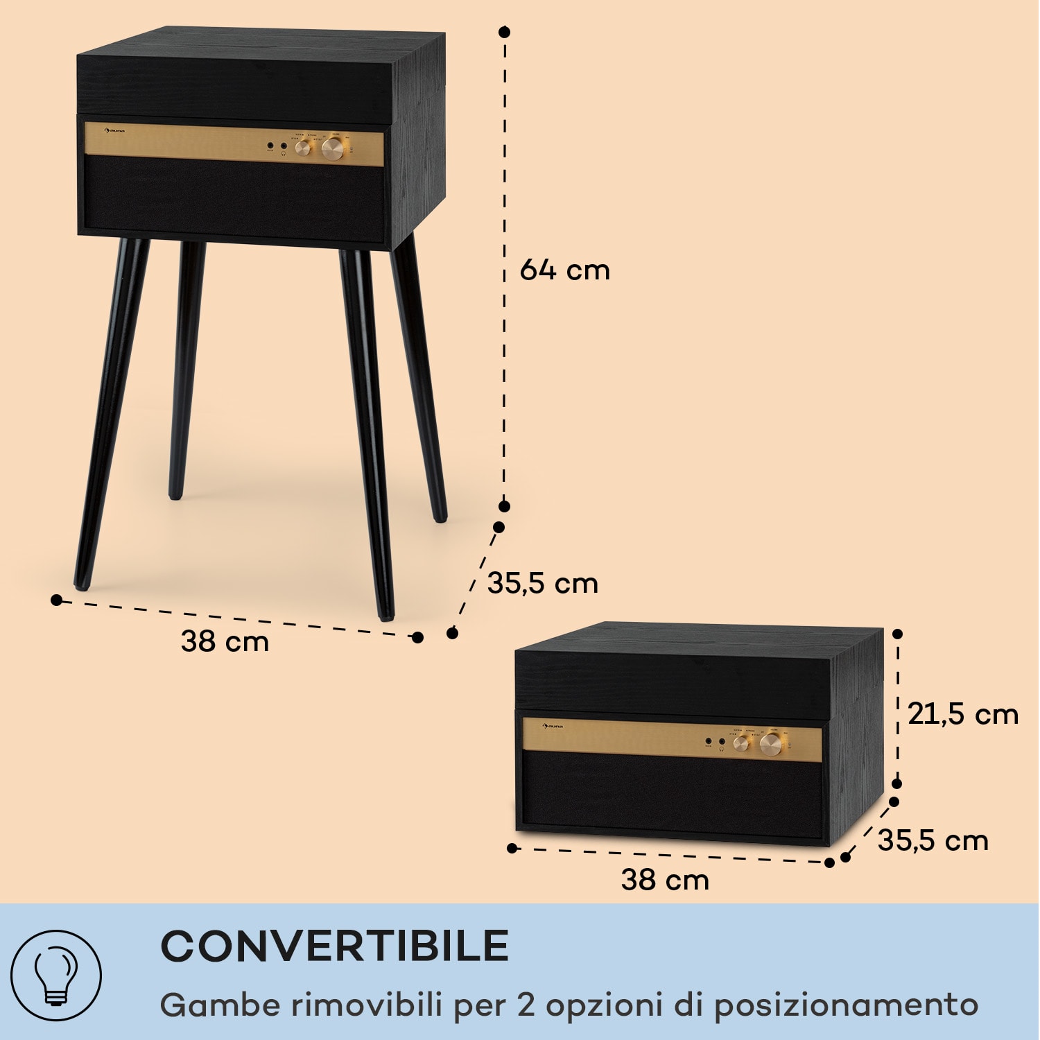 Berklee TT Case - Giradischi, trazione a cinghia, 33 1/3 & 45 giri/minuto, diffusori stereo, legno Legno nero