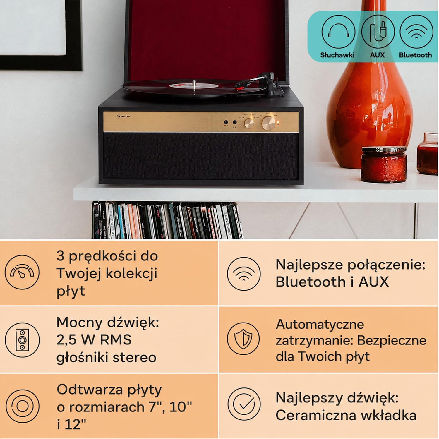 Berklee TT Case, gramofon, napęd paskowy, 33 1/3, 45 i 78 obr./min, głośniki stereo Black Wood