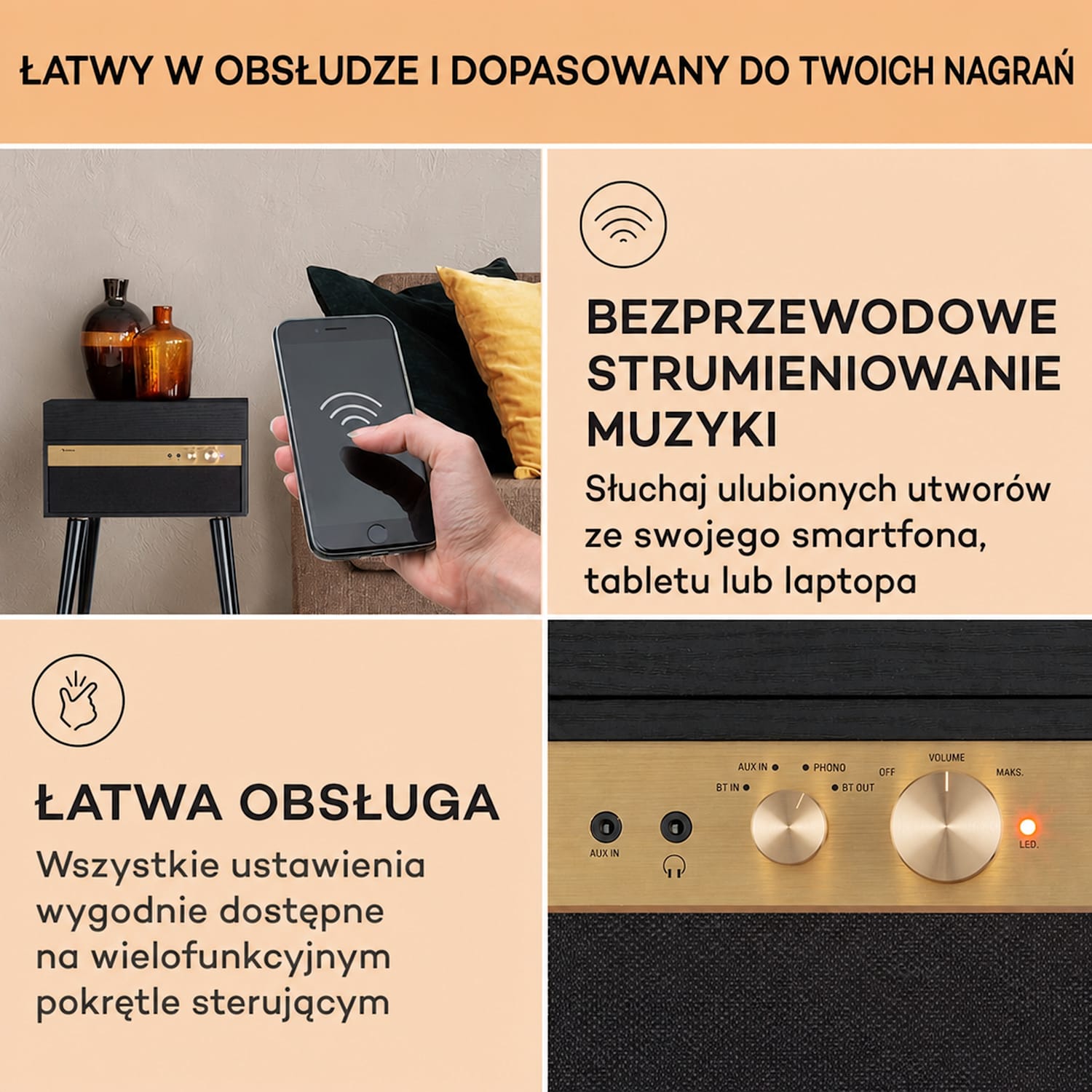 Berklee TT Case, gramofon, napęd paskowy, 33 1/3, 45 i 78 obr./min, głośniki stereo Black Wood