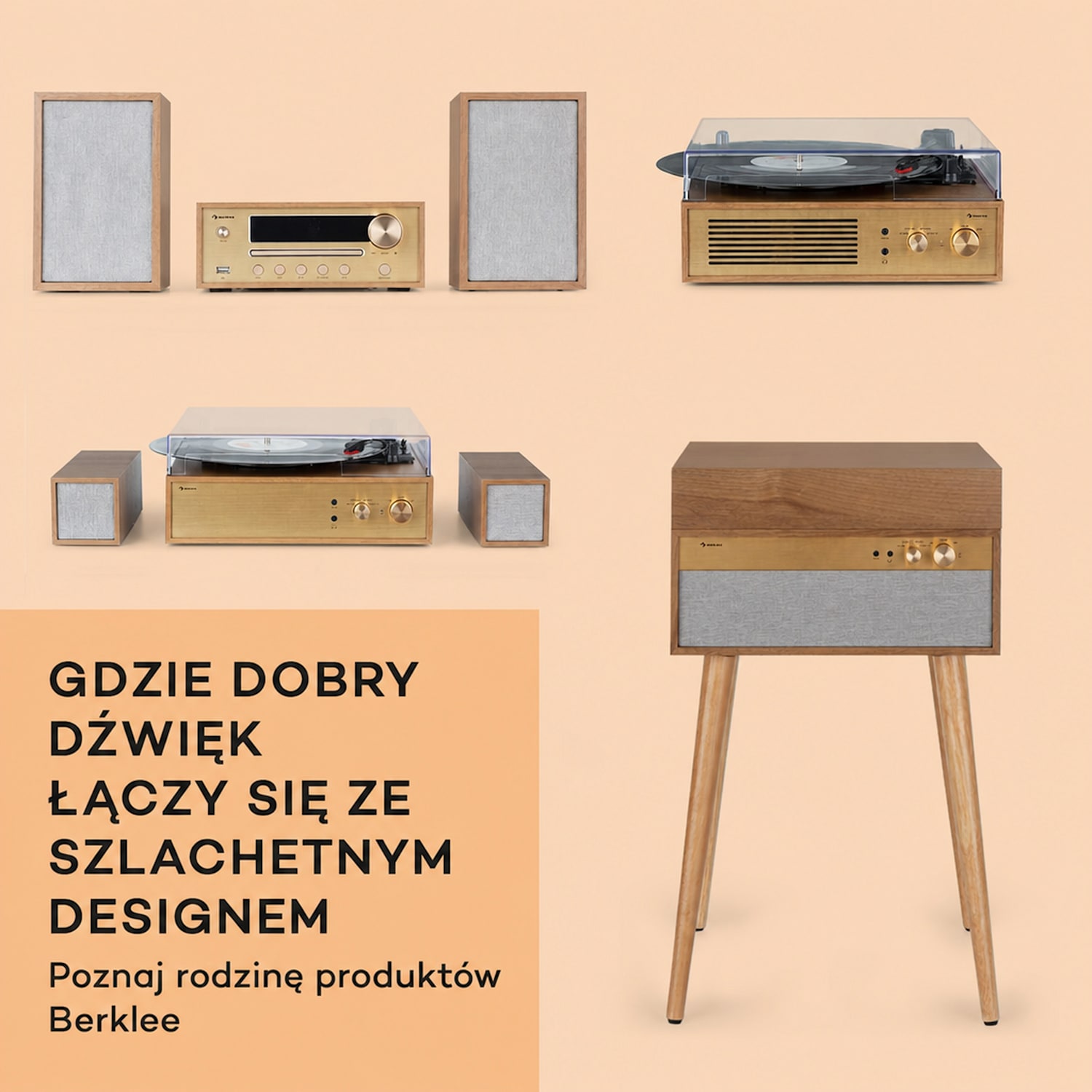 Berklee TT Case, gramofon, napęd paskowy, 33 1/3, 45 i 78 obr./min, głośniki stereo Black Wood