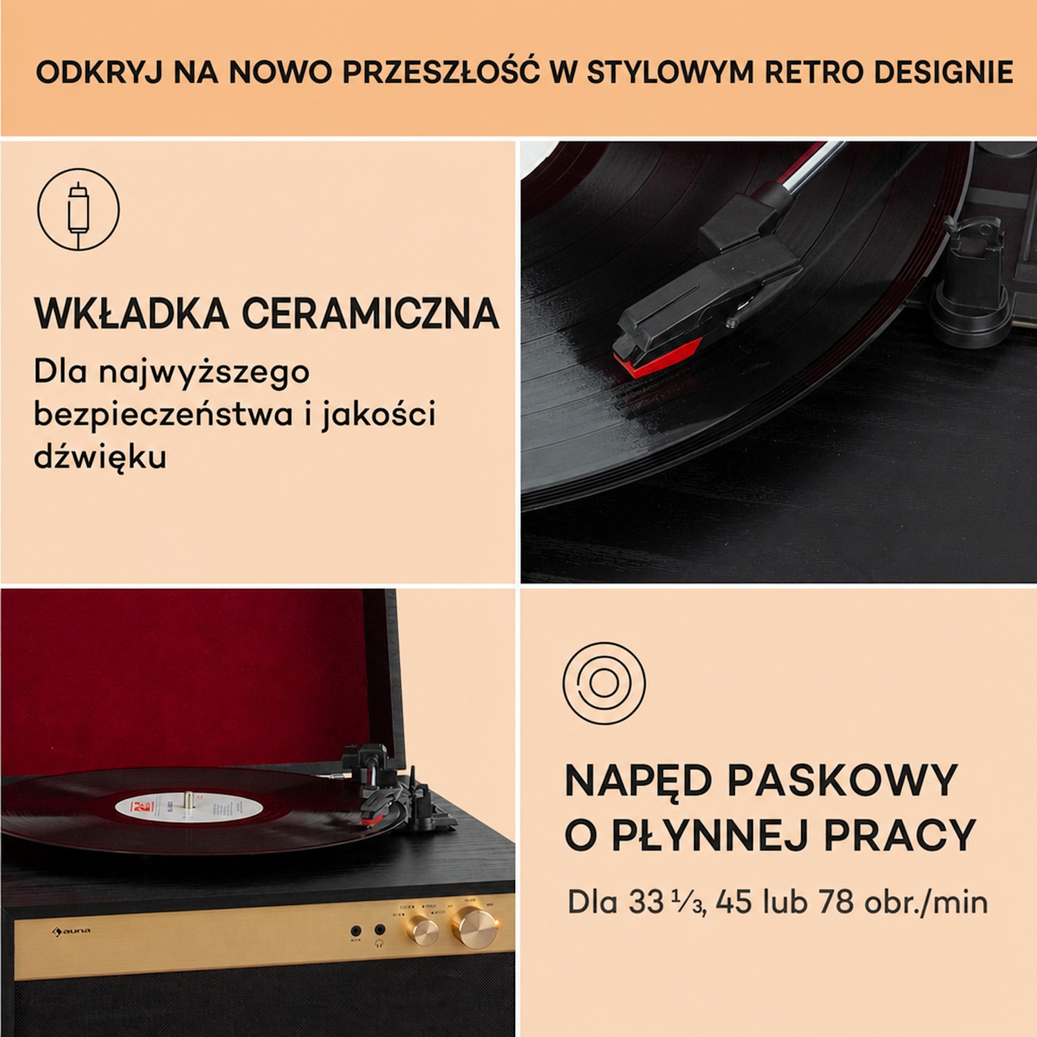 Berklee TT Case, gramofon, napęd paskowy, 33 1/3, 45 i 78 obr./min, głośniki stereo Black Wood