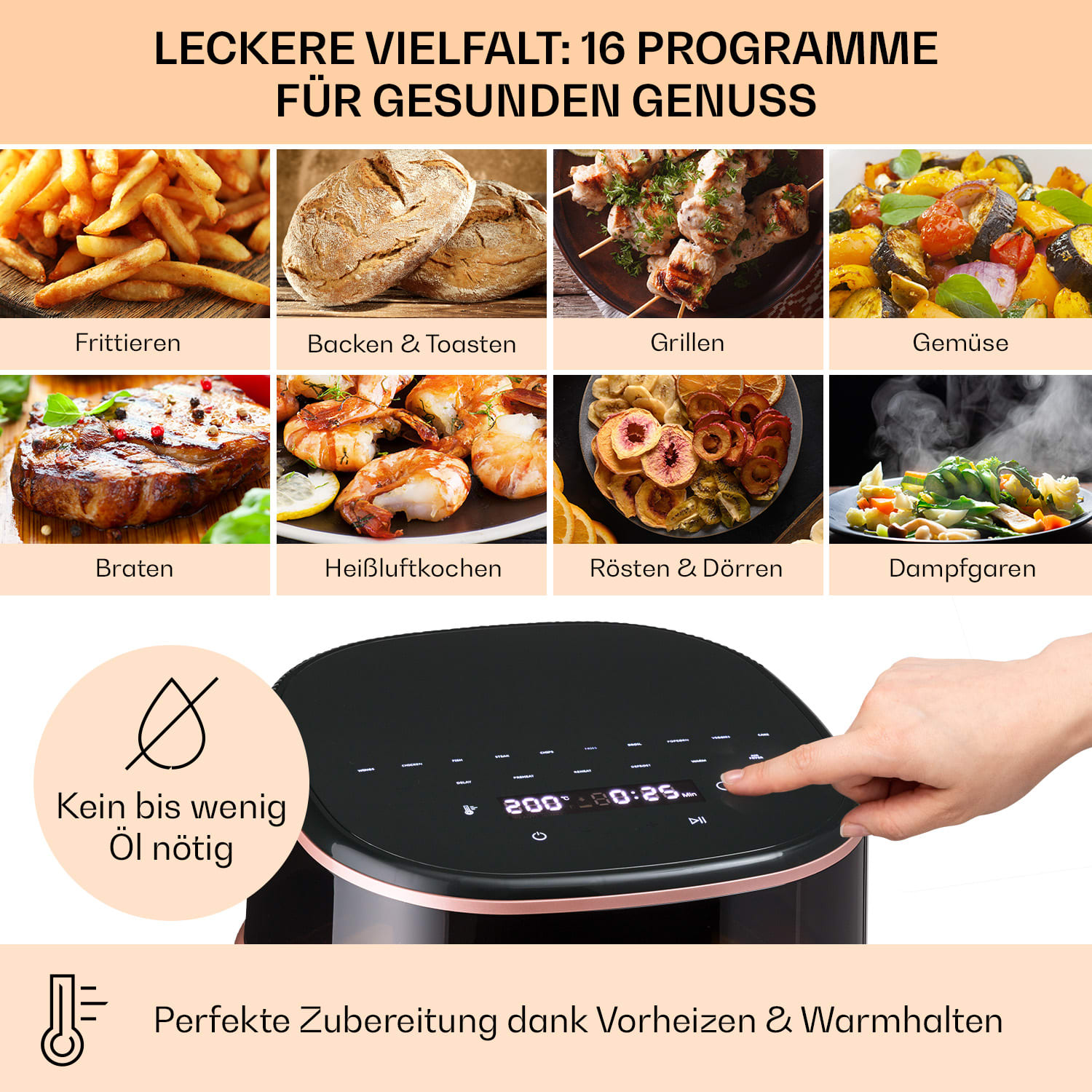 Air Bloom friggitrice ad aria calda con funzione vapore, 1500W, 7,5 litri, 16 programmi Nero