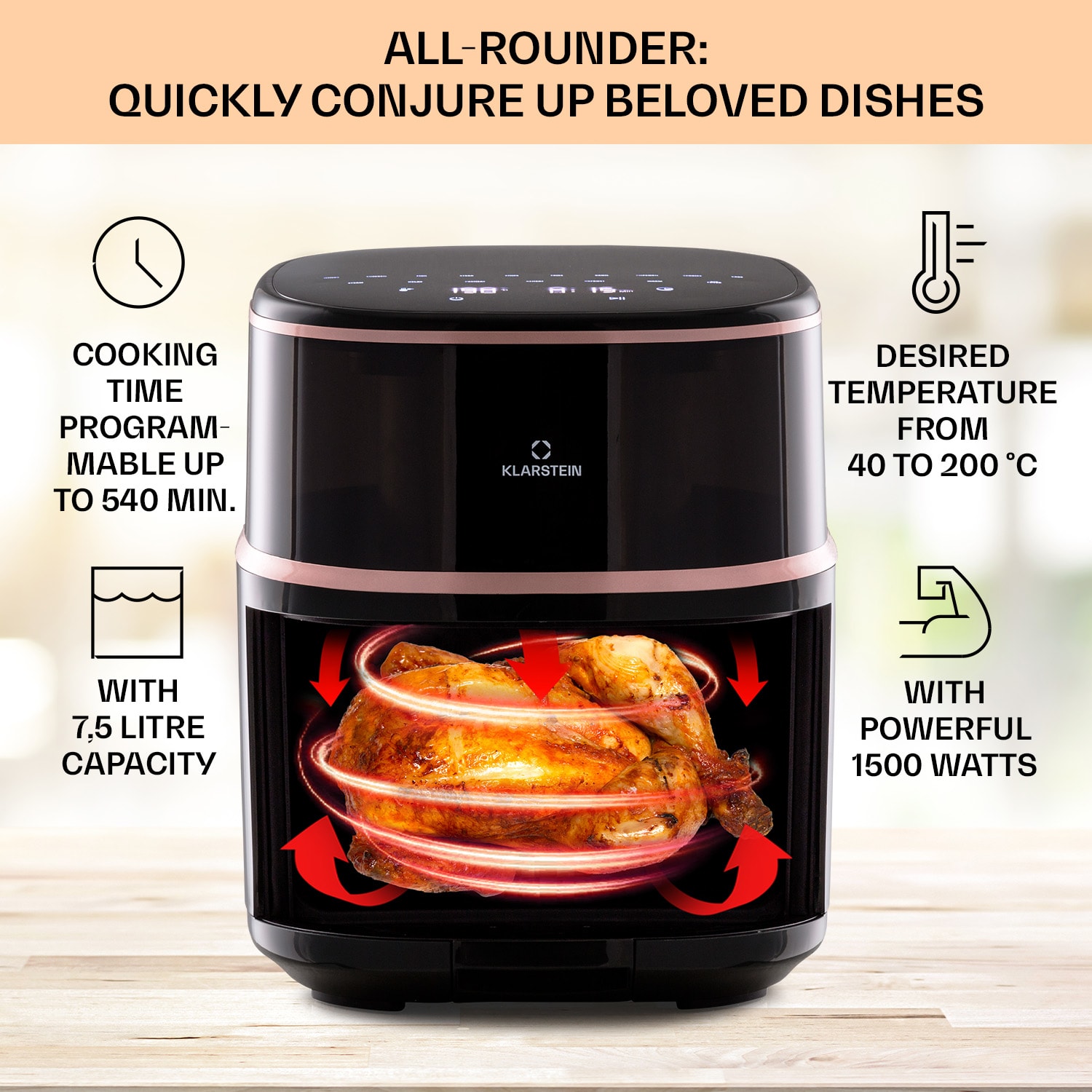 Air Bloom, frytkownica beztłuszczowa z funkcją pary, 1500 W, 7,5 l, 16 programów Czarny