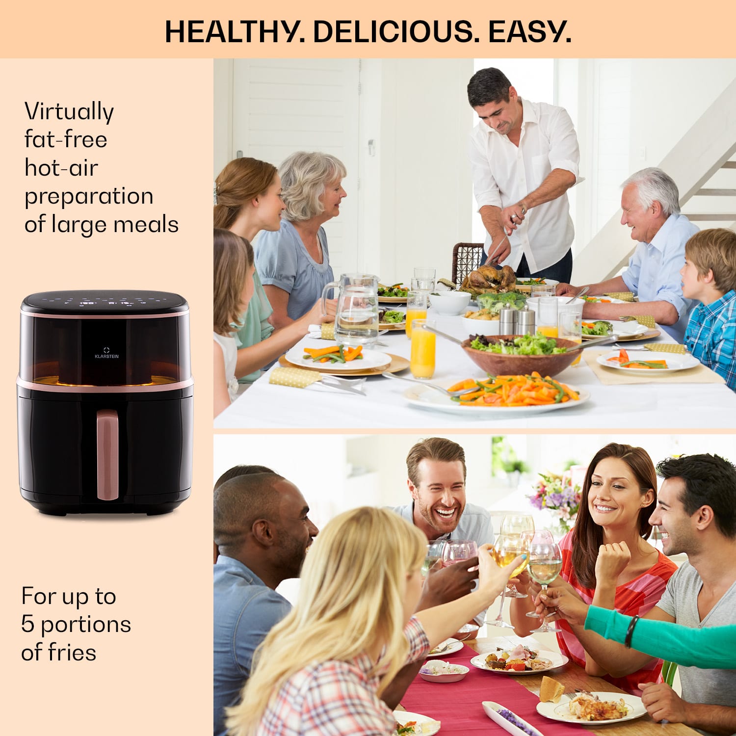 Air Bloom, frytkownica beztłuszczowa z funkcją pary, 1500 W, 7,5 l, 16 programów Czarny