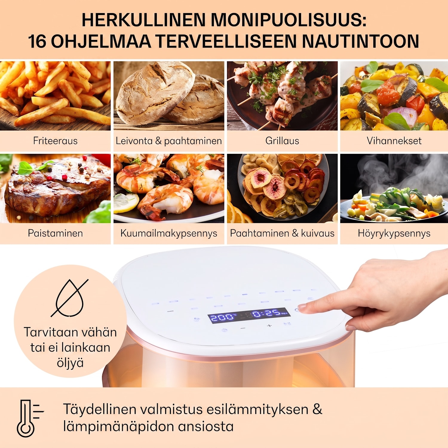 Air Bloom kuumakeitin höyrytoiminnolla 1500 W 7,5 litraa 16 ohjelmaa Valkoinen