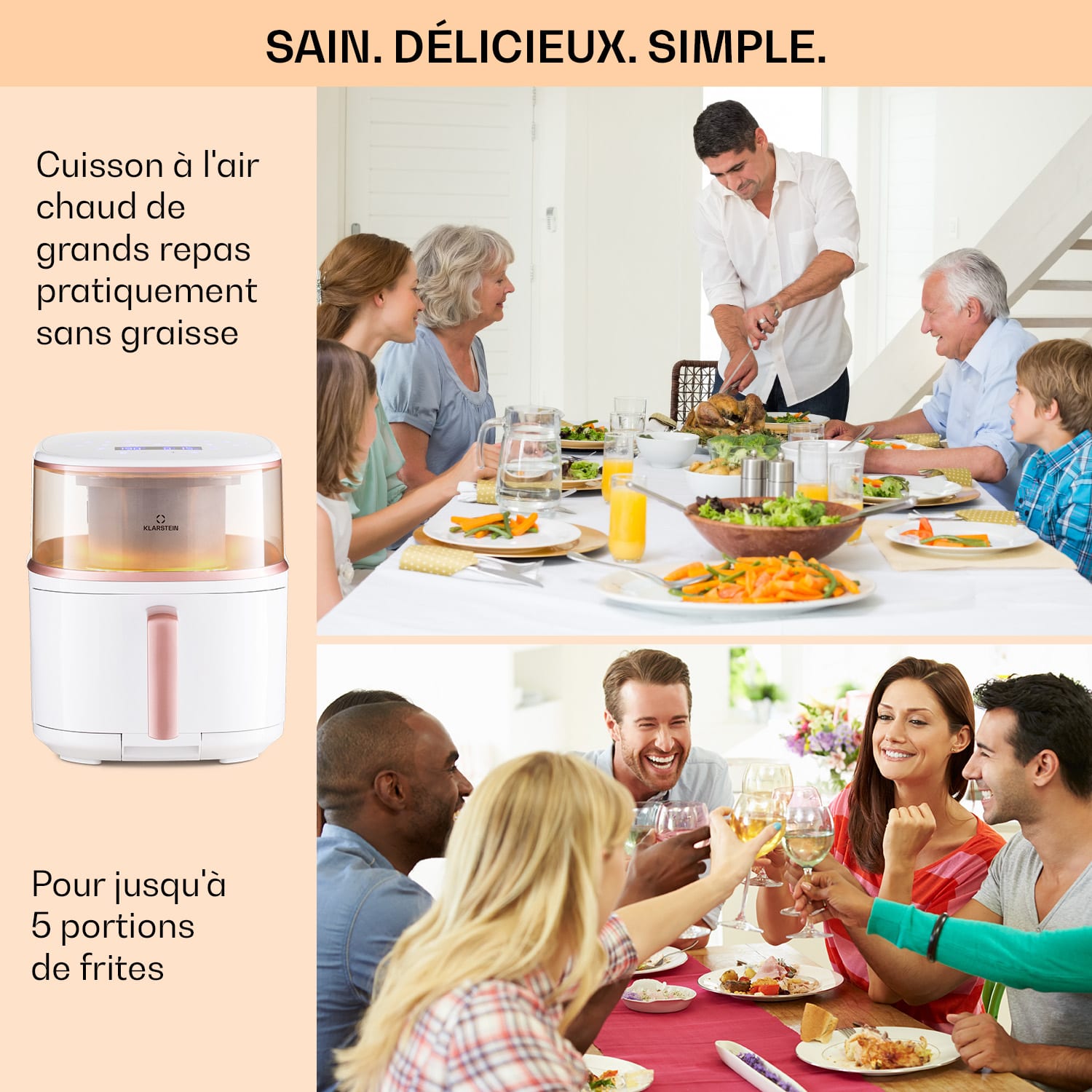 Air Bloom Friteuse à air chaud avec fonction vapeur 1500W 7,5 litre 16 programmes Blanc