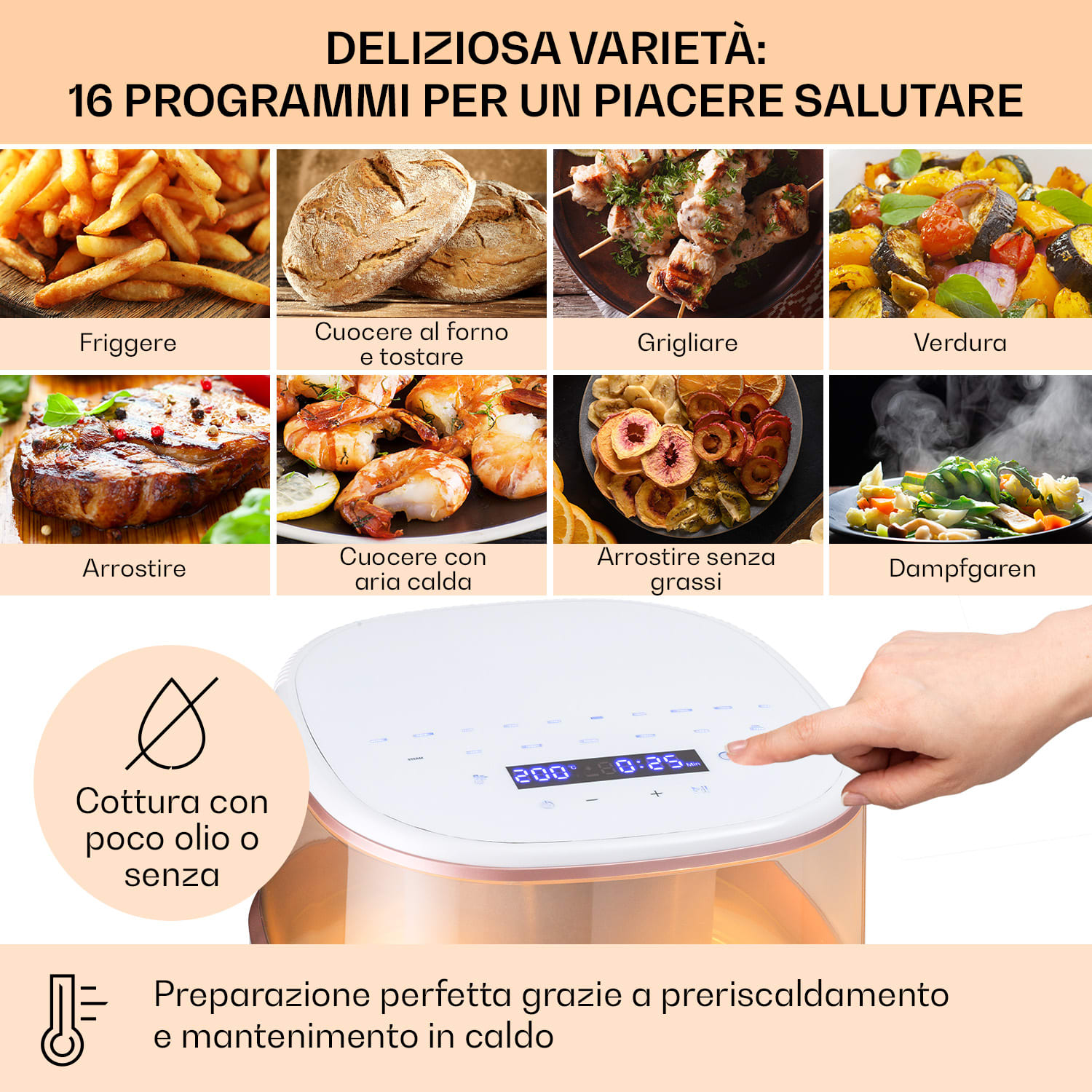 Air Bloom friggitrice ad aria calda con funzione vapore, 1500W, 7,5 litri, 16 programmi Bianco