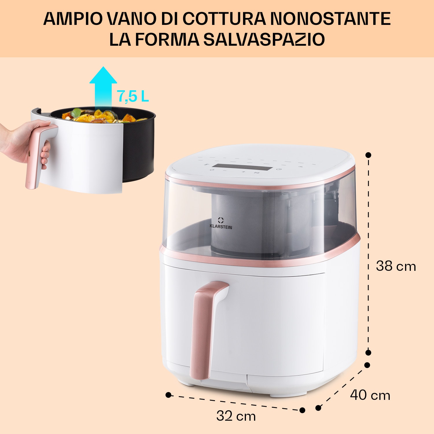 Air Bloom friggitrice ad aria calda con funzione vapore, 1500W, 7,5 litri, 16 programmi Bianco