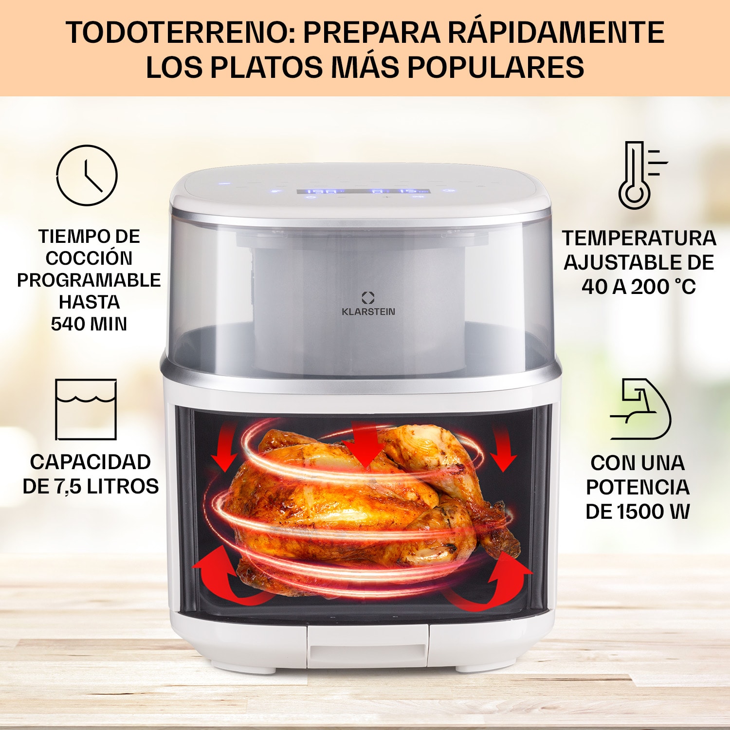 Freidora de aire caliente Air Bloom con función de vapor 1500W 7,5 Litros 16 programas Arena