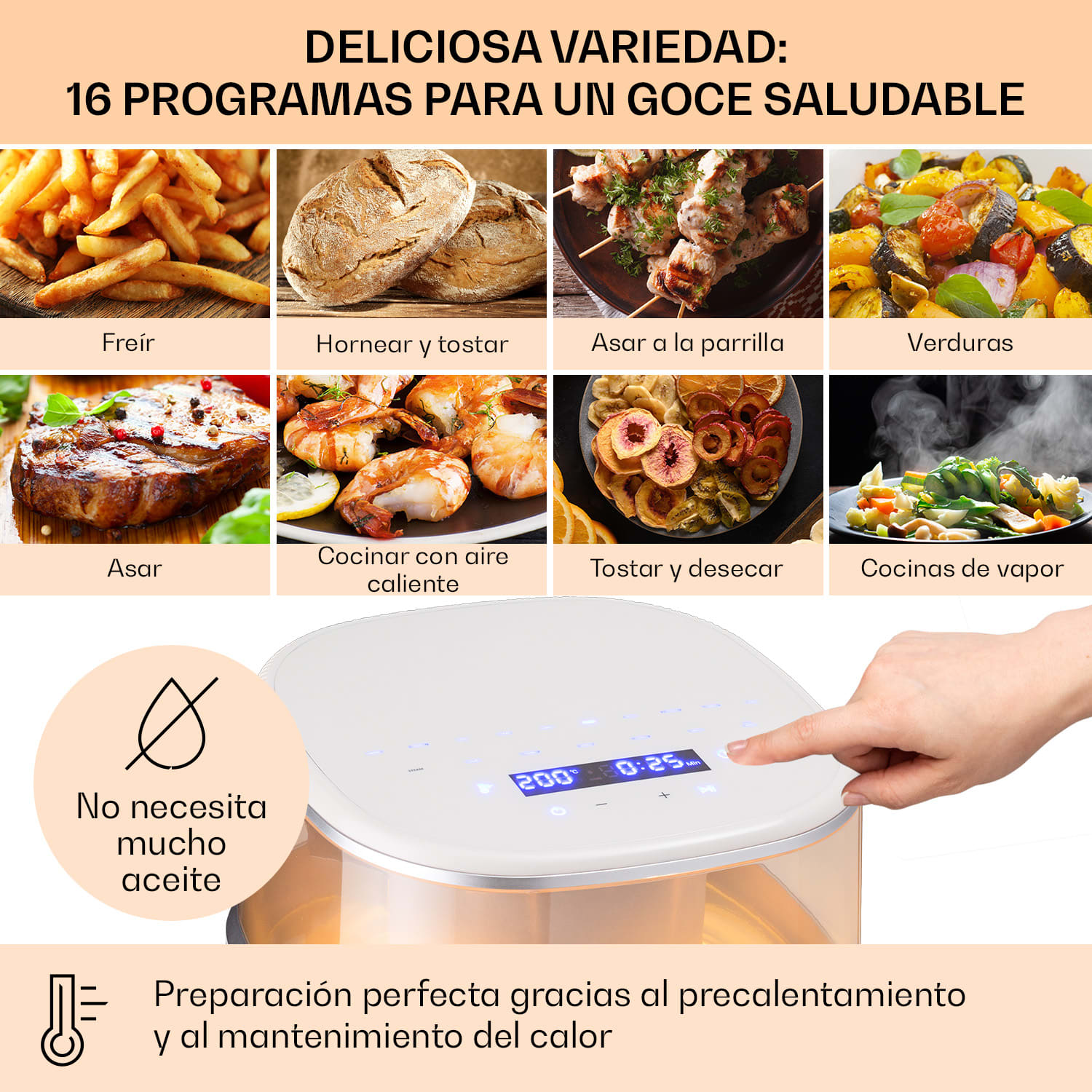 Freidora de aire caliente Air Bloom con función de vapor 1500W 7,5 Litros 16 programas Arena