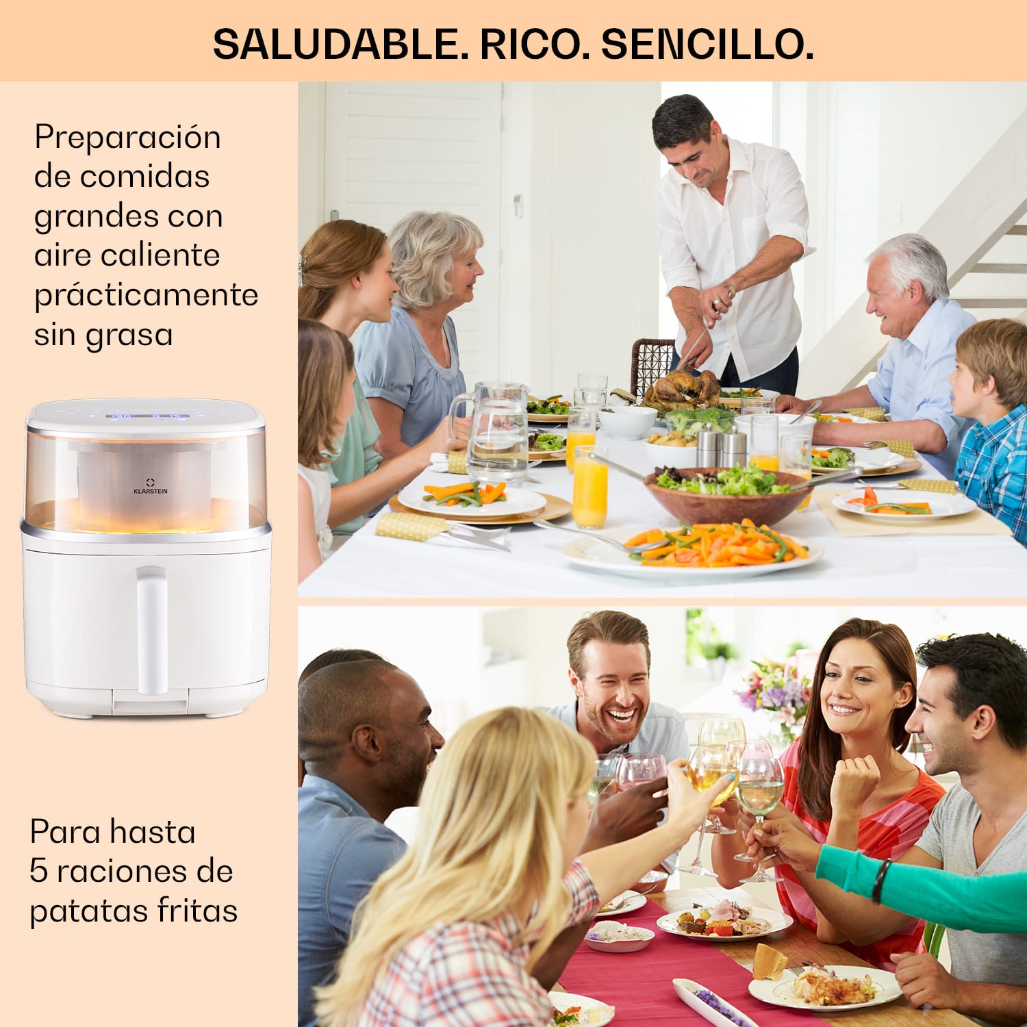 Freidora de aire caliente Air Bloom con función de vapor 1500W 7,5 Litros 16 programas Arena