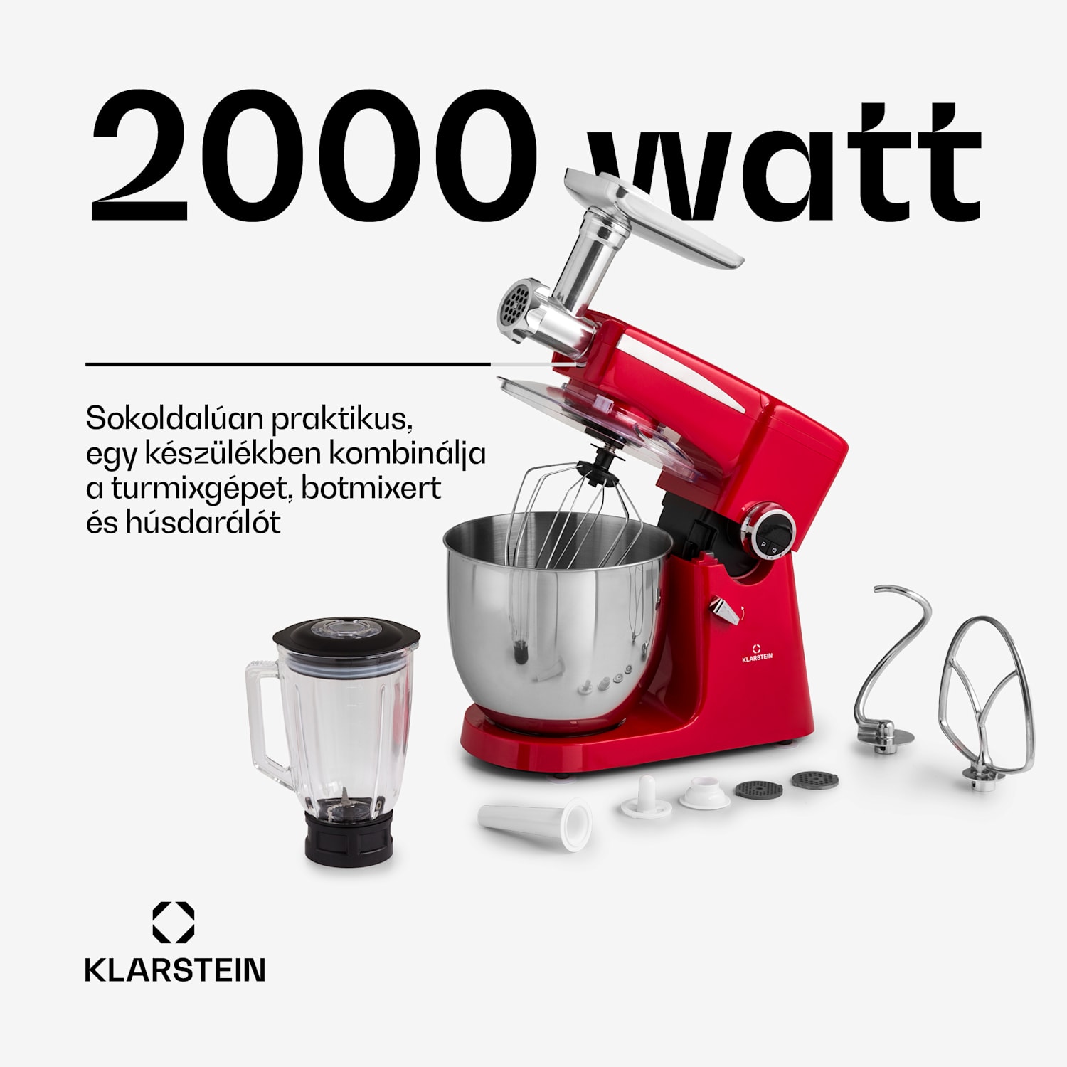 Renata Rossa, konyhai robotgép, 3 az 1-ben 2000 W/2,7 PS, 10 L, rozsdamentes acél, BPA-mentes Piros