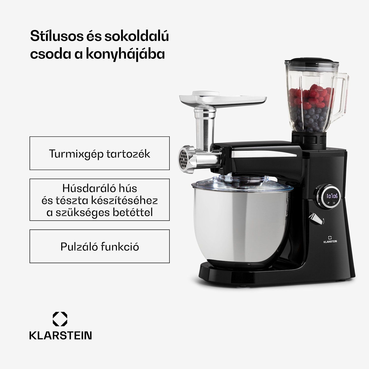 Renata Rossa, konyhai robotgép, 3 az 1-ben 2000 W/2,7 PS, 10 L, rozsdamentes acél, BPA-mentes Fekete