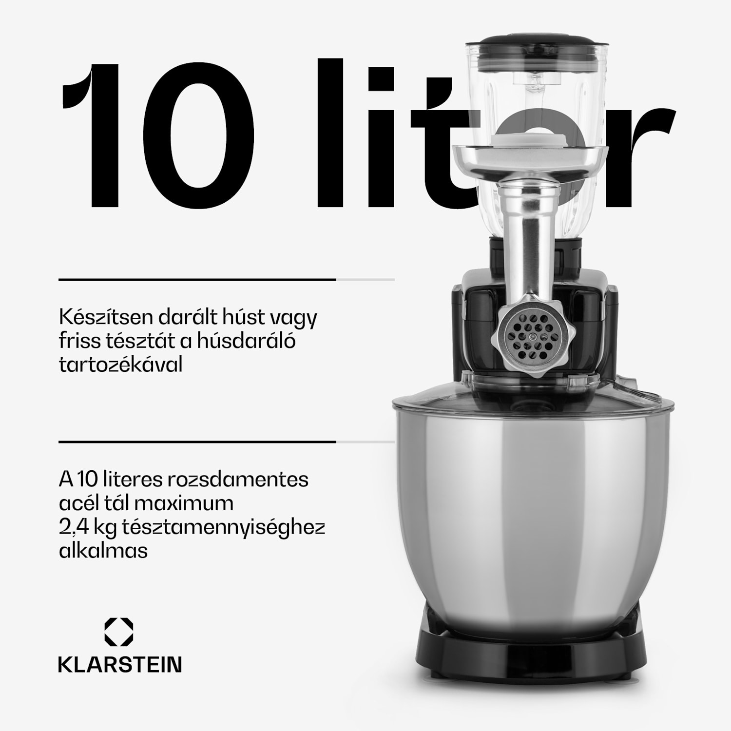 Renata Rossa, konyhai robotgép, 3 az 1-ben 2000 W/2,7 PS, 10 L, rozsdamentes acél, BPA-mentes Fekete