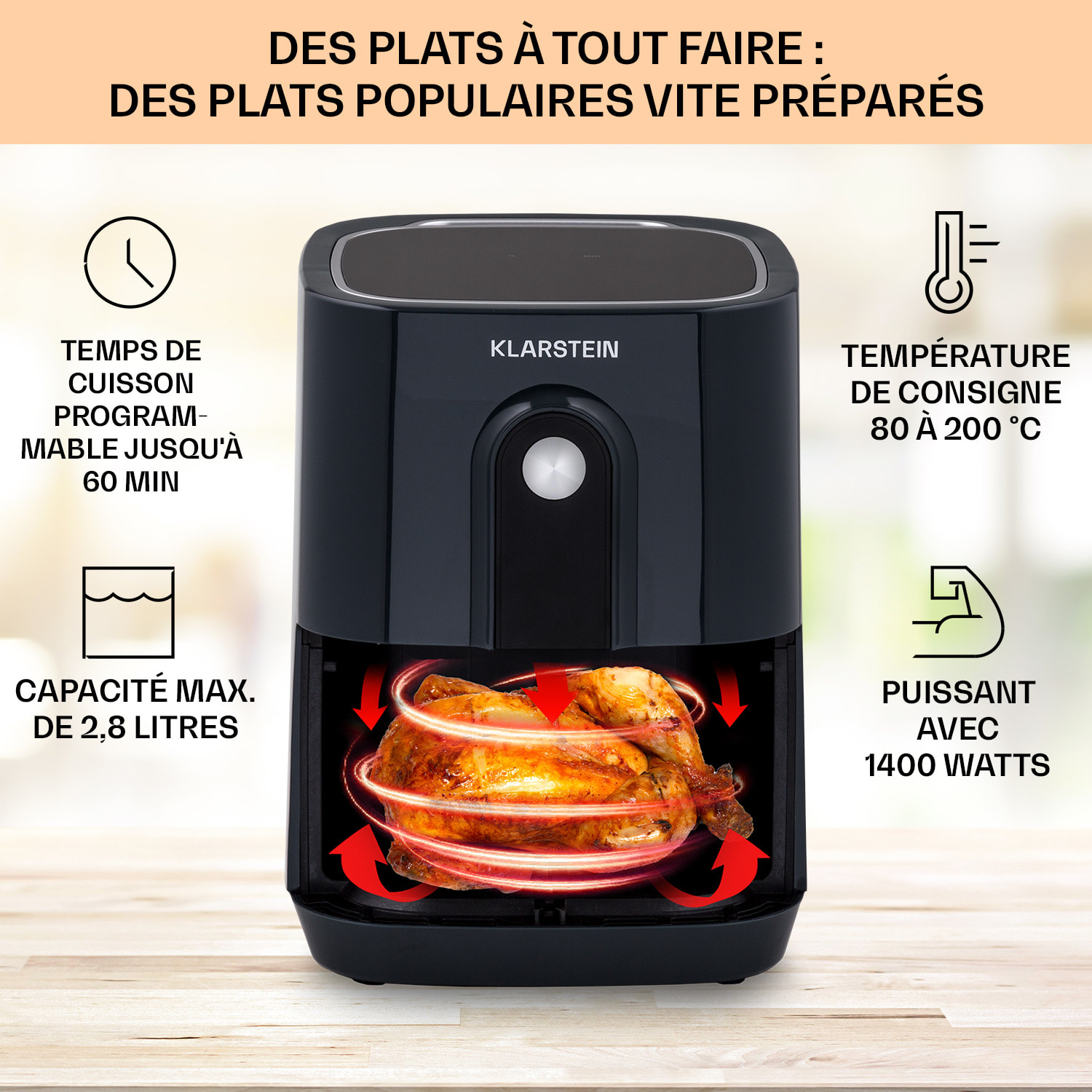 Crisp-Pro heteluchtfriteuse air fryer 1400W 2,8 liter 8 programma's timer rvs Antraciet