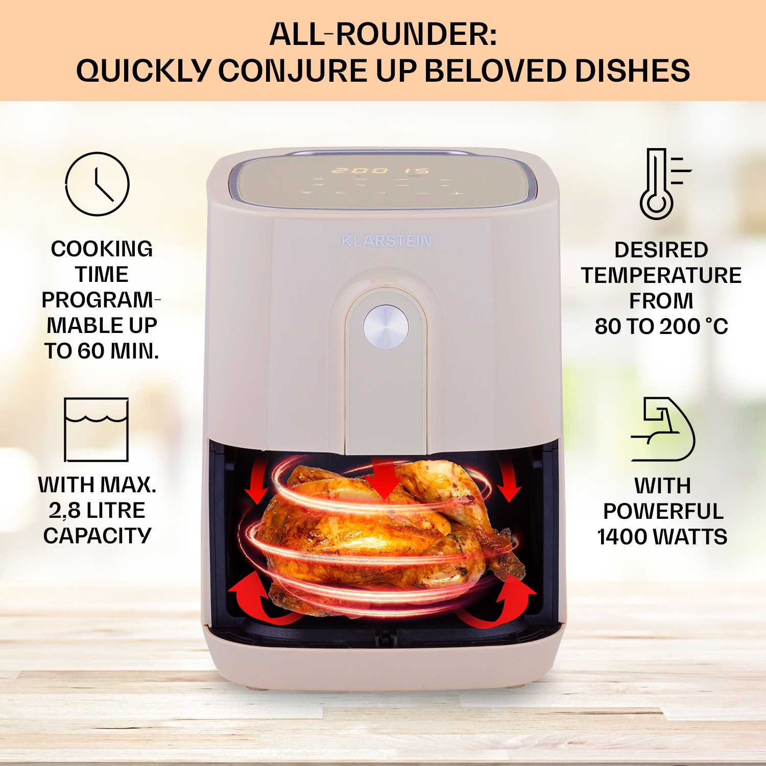 Crisp-Pro, forrólevegős fritőz, 1400 W, 2,8 l, 8 program, időzítő, rozsdamentes acél Homok