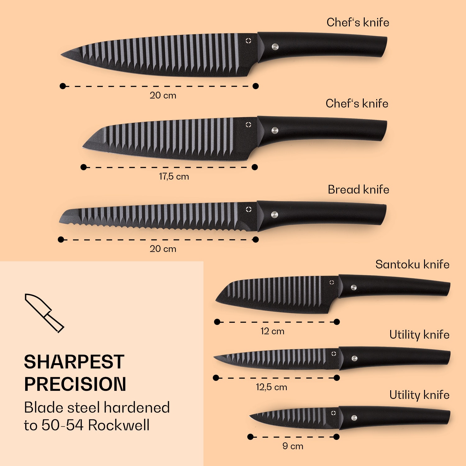 Kissaki, sada nožov, 7-dielna, magnetický stojan, nepriľnavý povrch, vlnovitý tvar čepele, drevo Akácia