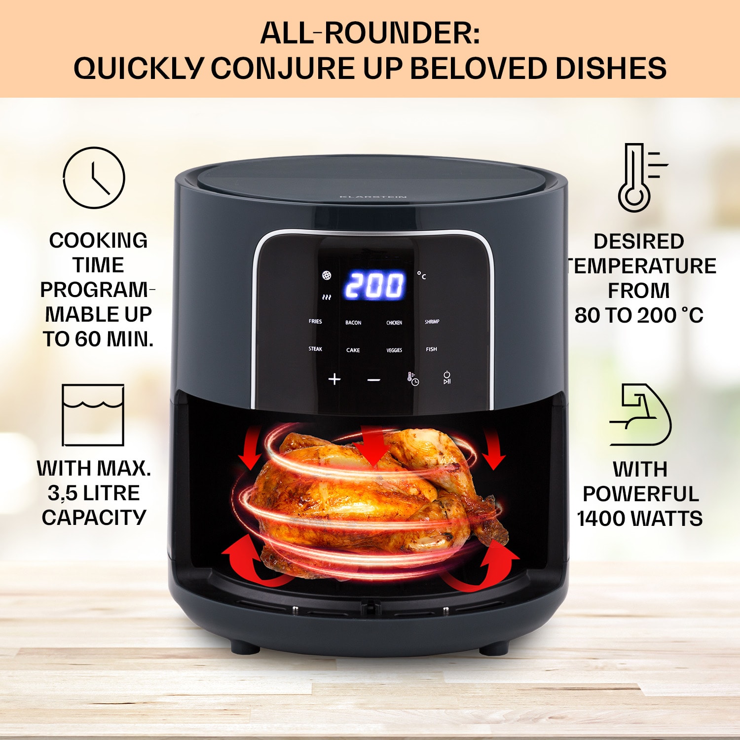 Crisp-Pro, teplovzdušná fritéza, 1400 W, 3,5 l, 8 programov, časovač Antracit