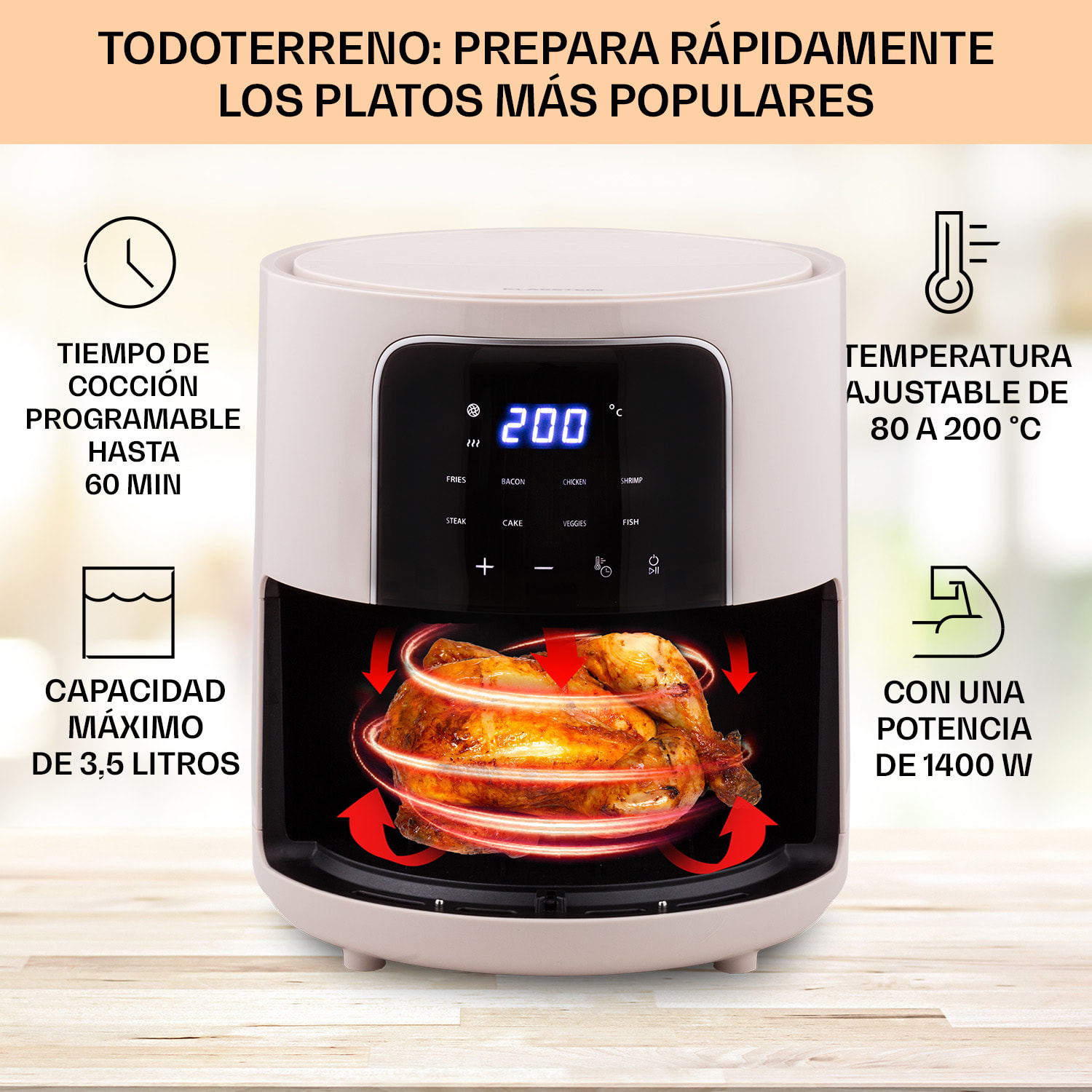 Crisp-Pro Air Fryer 1400W 3,5 litros 8 programas temporizador acero inoxidable Arena