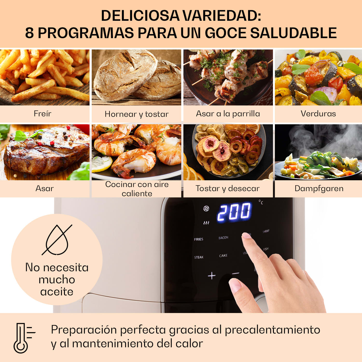 Crisp-Pro Air Fryer 1400W 3,5 litros 8 programas temporizador acero inoxidable Arena