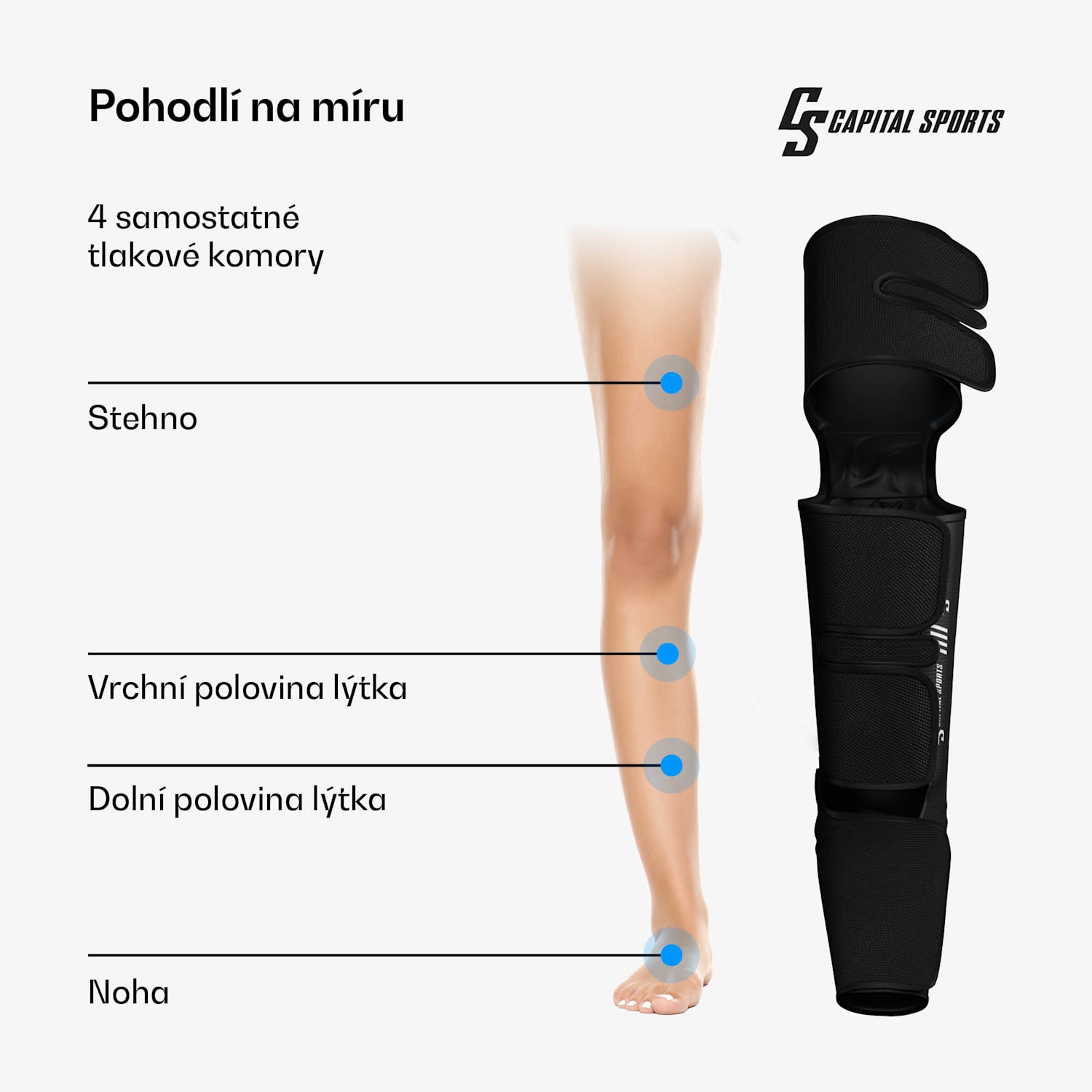 ReCrest masážní přístroj na nohy, 4 tlakové komory, 6 masážních režimů, funkce ohřevu, automatické vypnutí plnou nohu | Černá