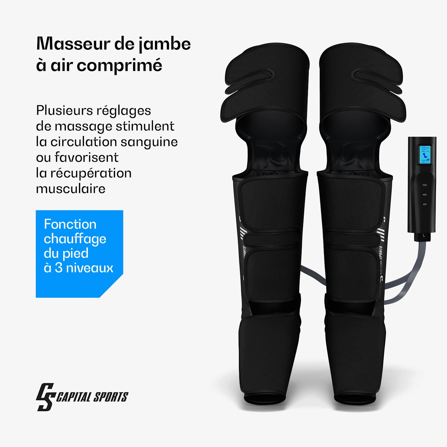 ReCrest massageapparaat voor de benen | 4 drukkamers | 6 massagestanden | warmtefunctie | automatische uitschakeling volledige been | Zwart
