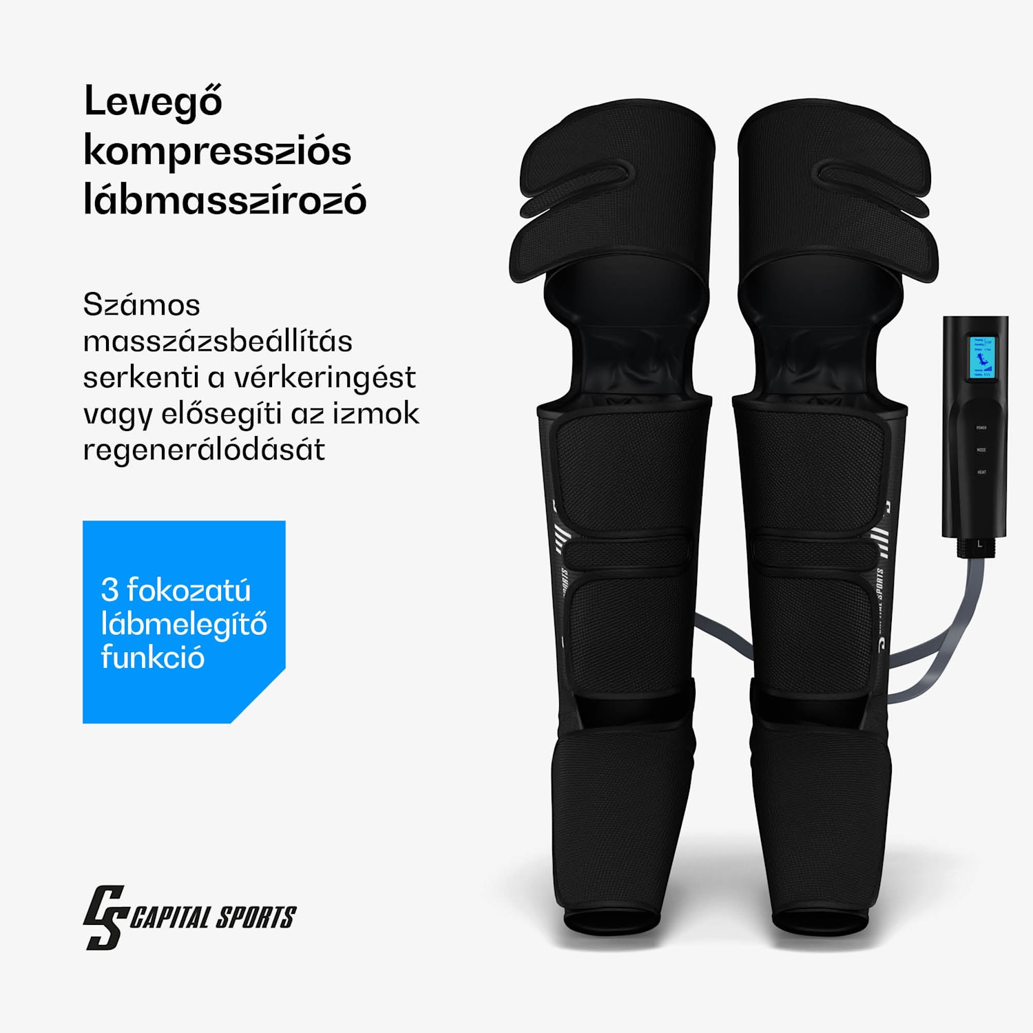 ReCrest lábmasszírozó készülék, 4 nyomáskamra, 6 masszázsmód, melegítési funkció, automatikus kikapcsolás 