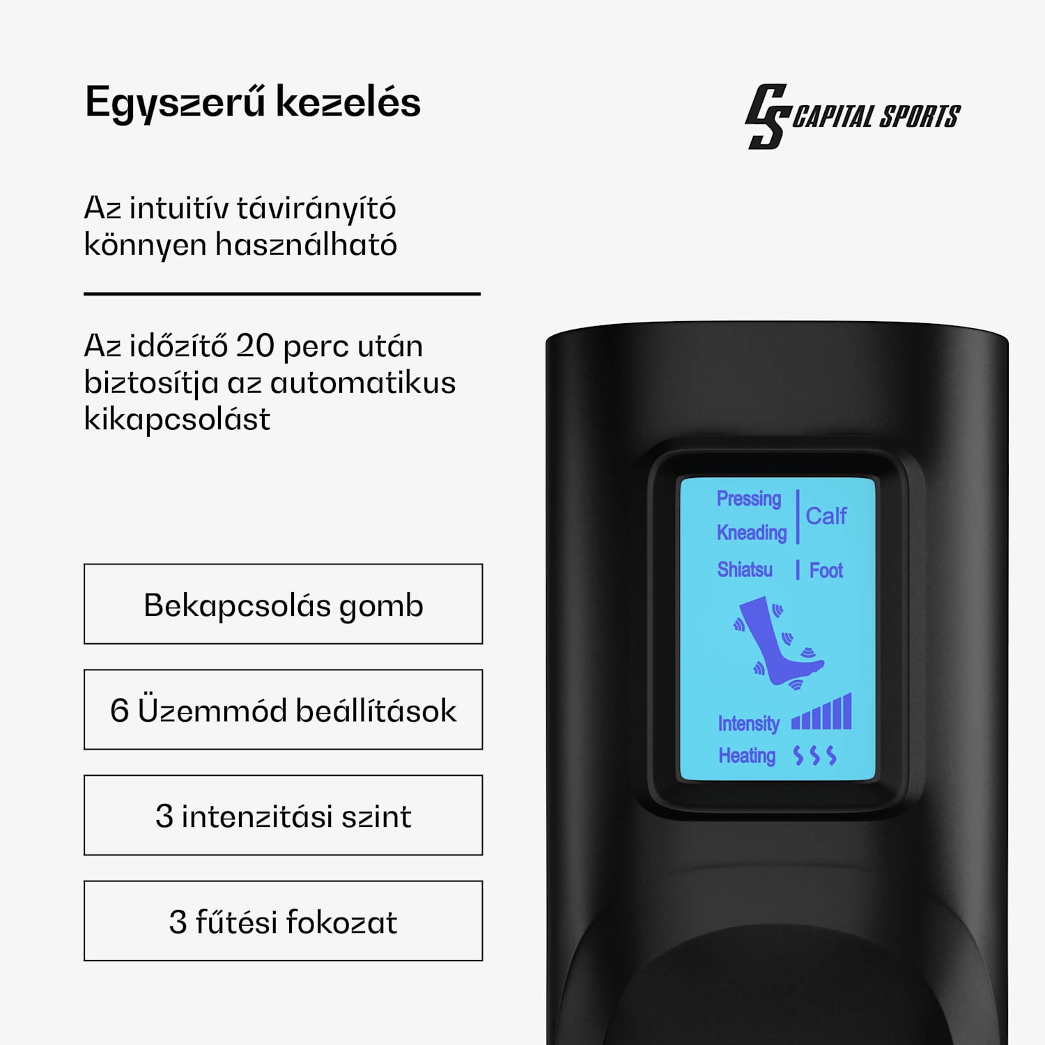 ReCrest lábmasszírozó készülék, 4 nyomáskamra, 6 masszázsmód, melegítési funkció, automatikus kikapcsolás 