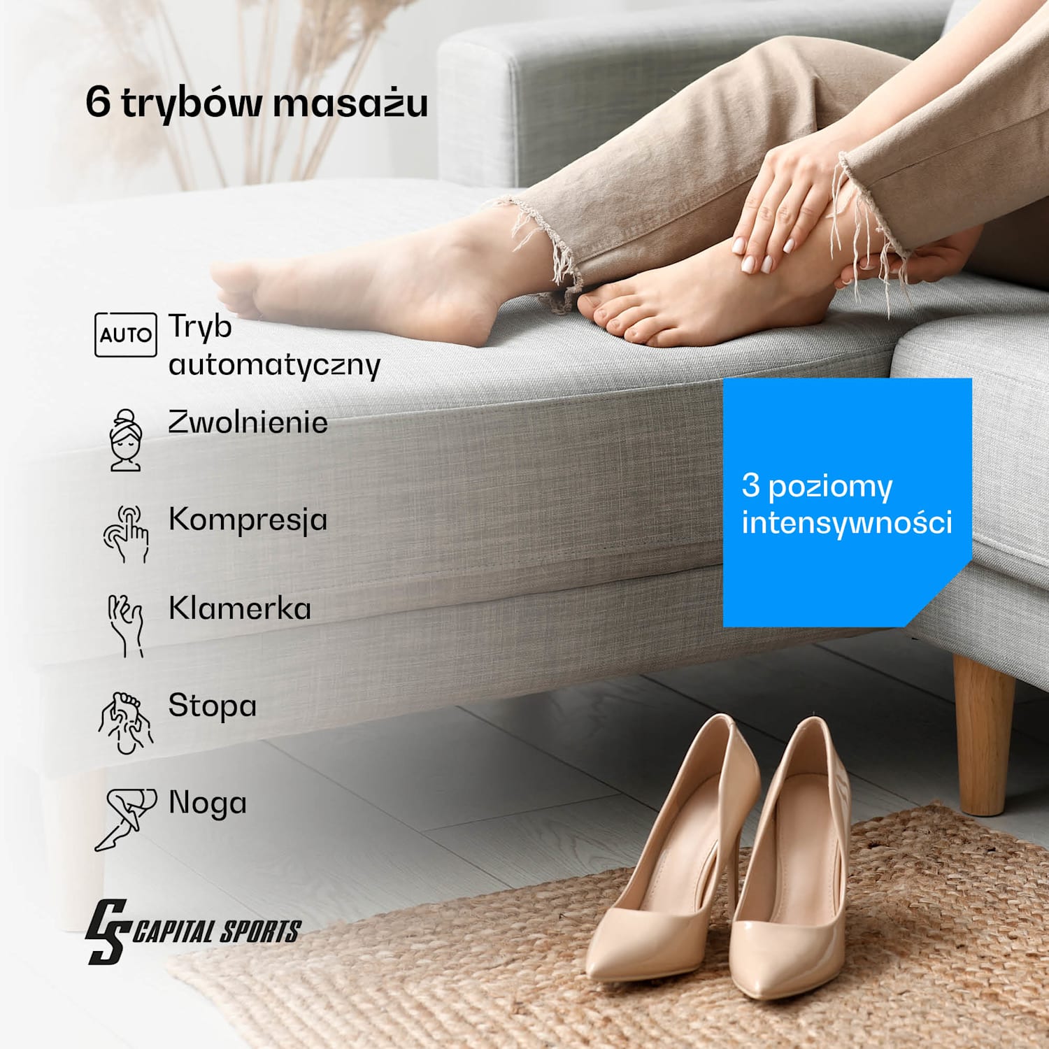 ReCrest masażer do nóg, 4 komory ciśnieniowe, 6 trybów masażu, funkcja ogrzewania, automatyczne wyłączanie pełna noga | Czarny