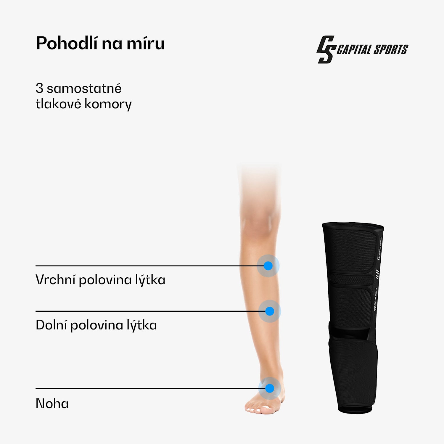 ReCrest masážní přístroj na nohy, 3 tlakové komory, 5 masážních režimů, funkce ohřevu, automatické vypnutí půl nohy | Černá