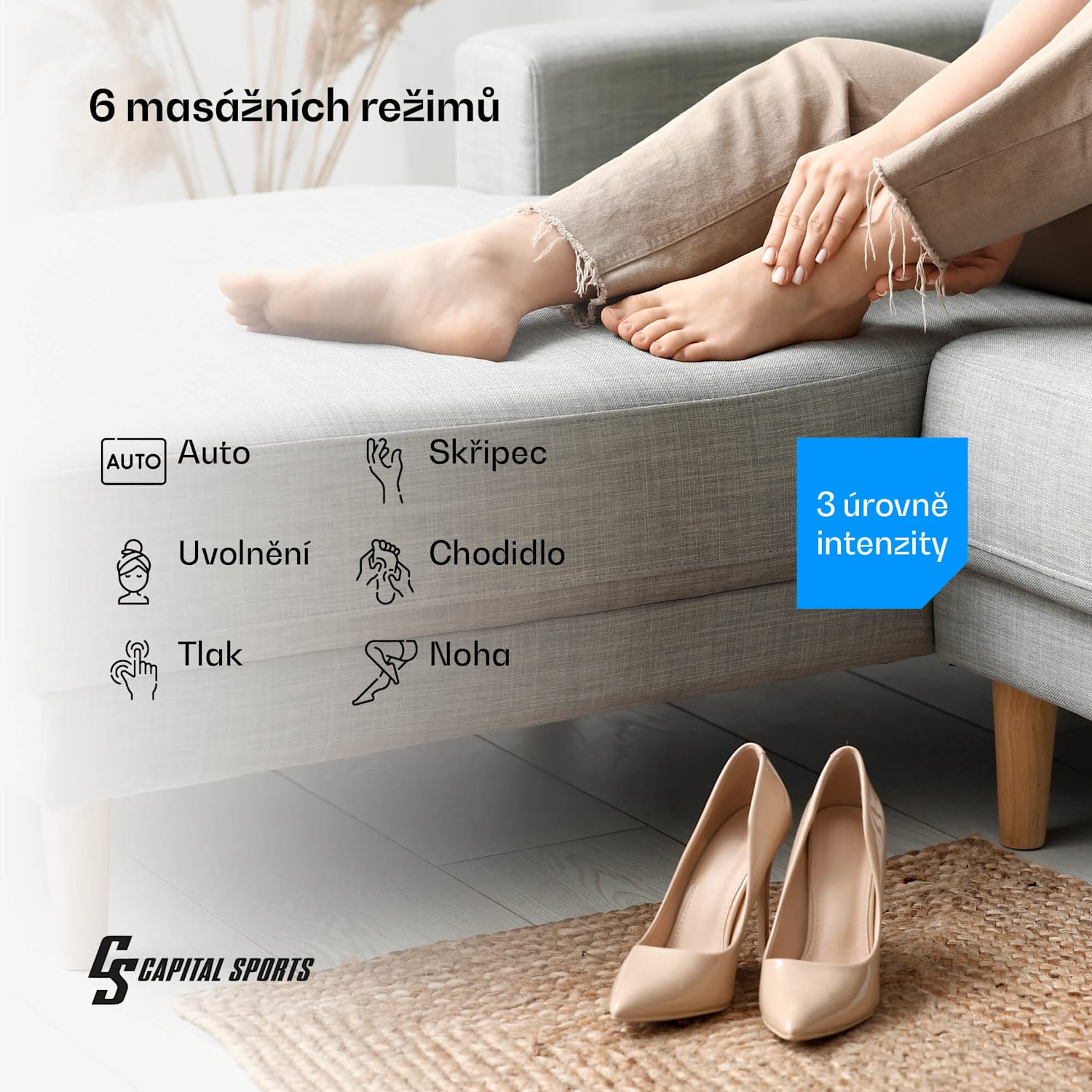 ReCrest masážní přístroj na nohy, 3 tlakové komory, 5 masážních režimů, funkce ohřevu, automatické vypnutí půl nohy | Černá