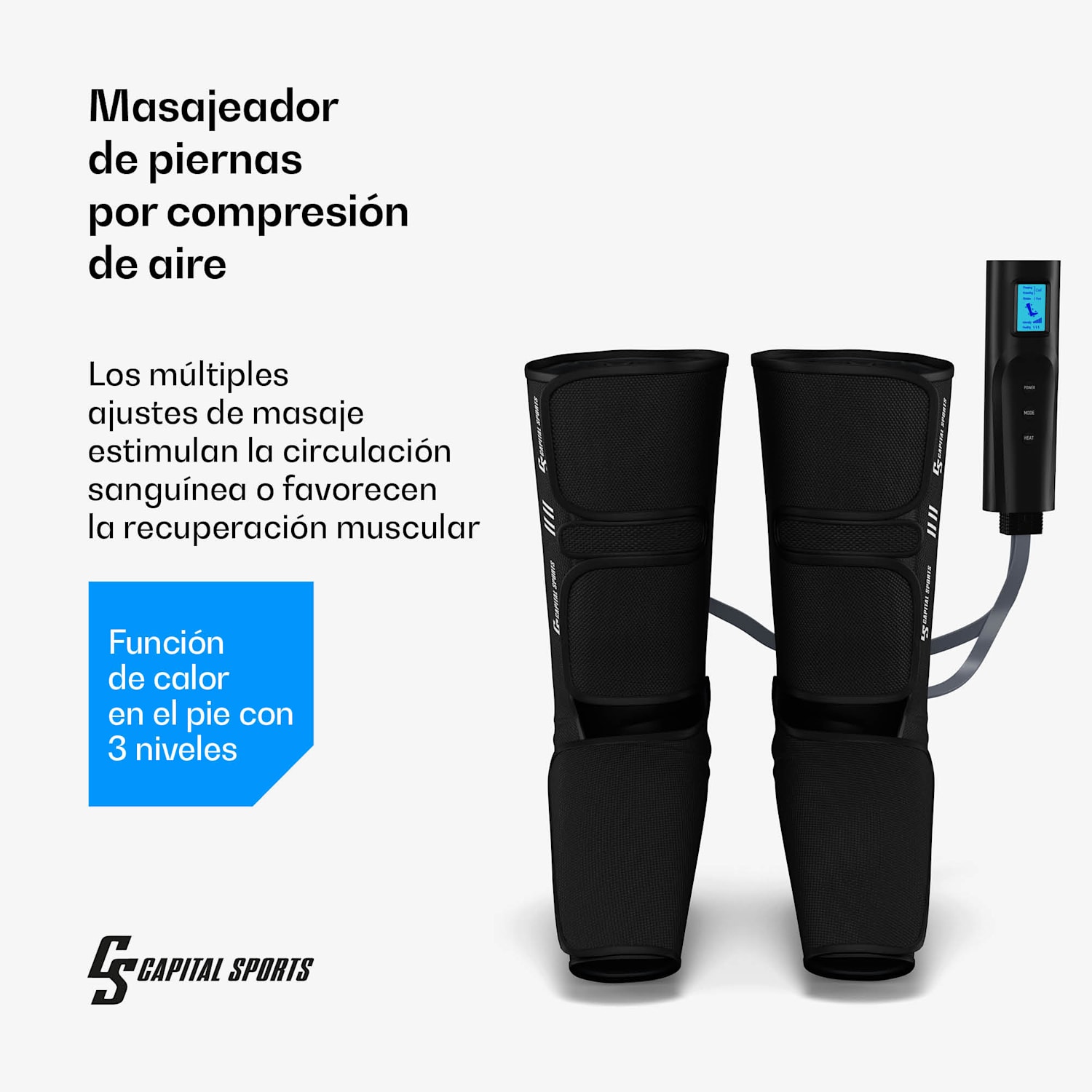 ReCrest masajeador para piernas | 3 cámaras de presión | 5 modos de masaje | Mando a distancia | desconexión automática media pierna | Negro